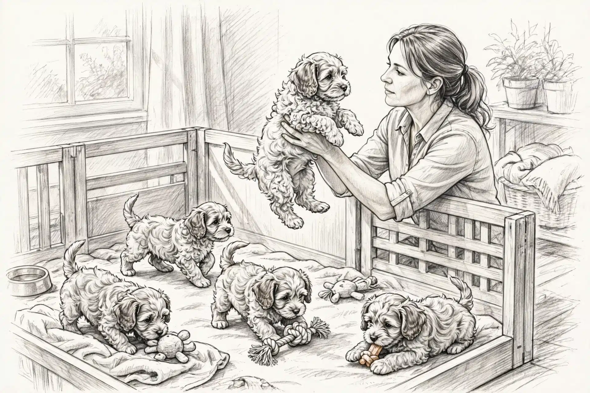 Breeder lifts wiggly Havapoo puppy among four littermates