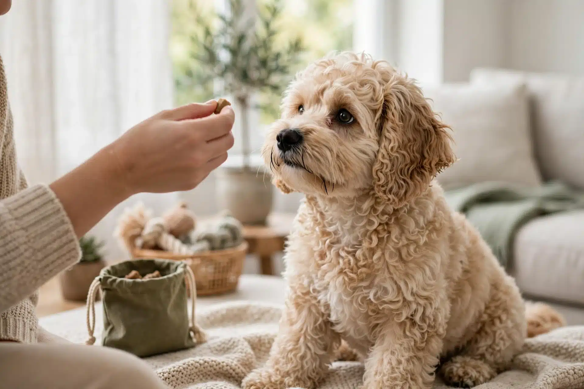 Havapoo puppy makes eye contact during treat training