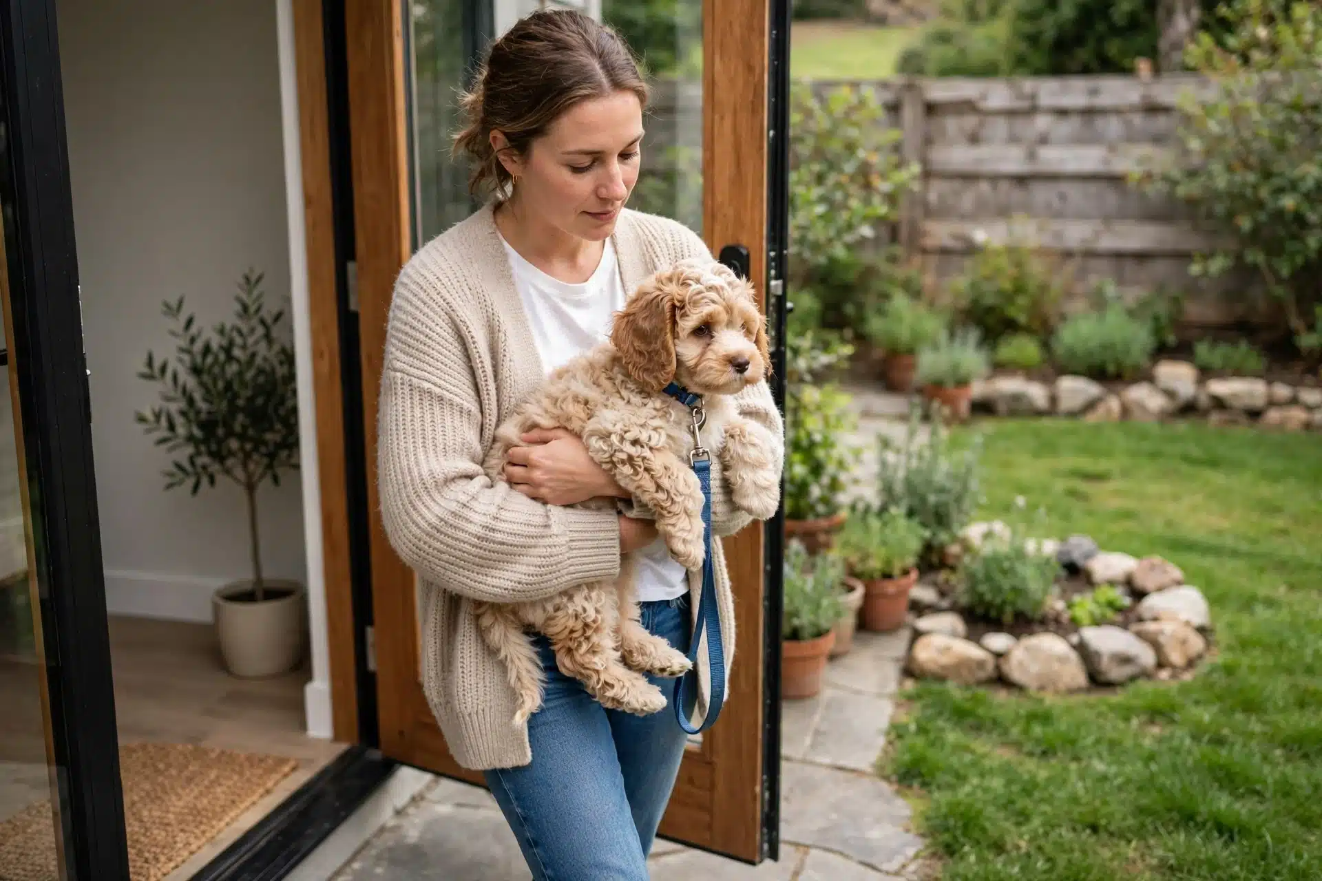 Owner carries Havapoo puppy to grassy potty spot