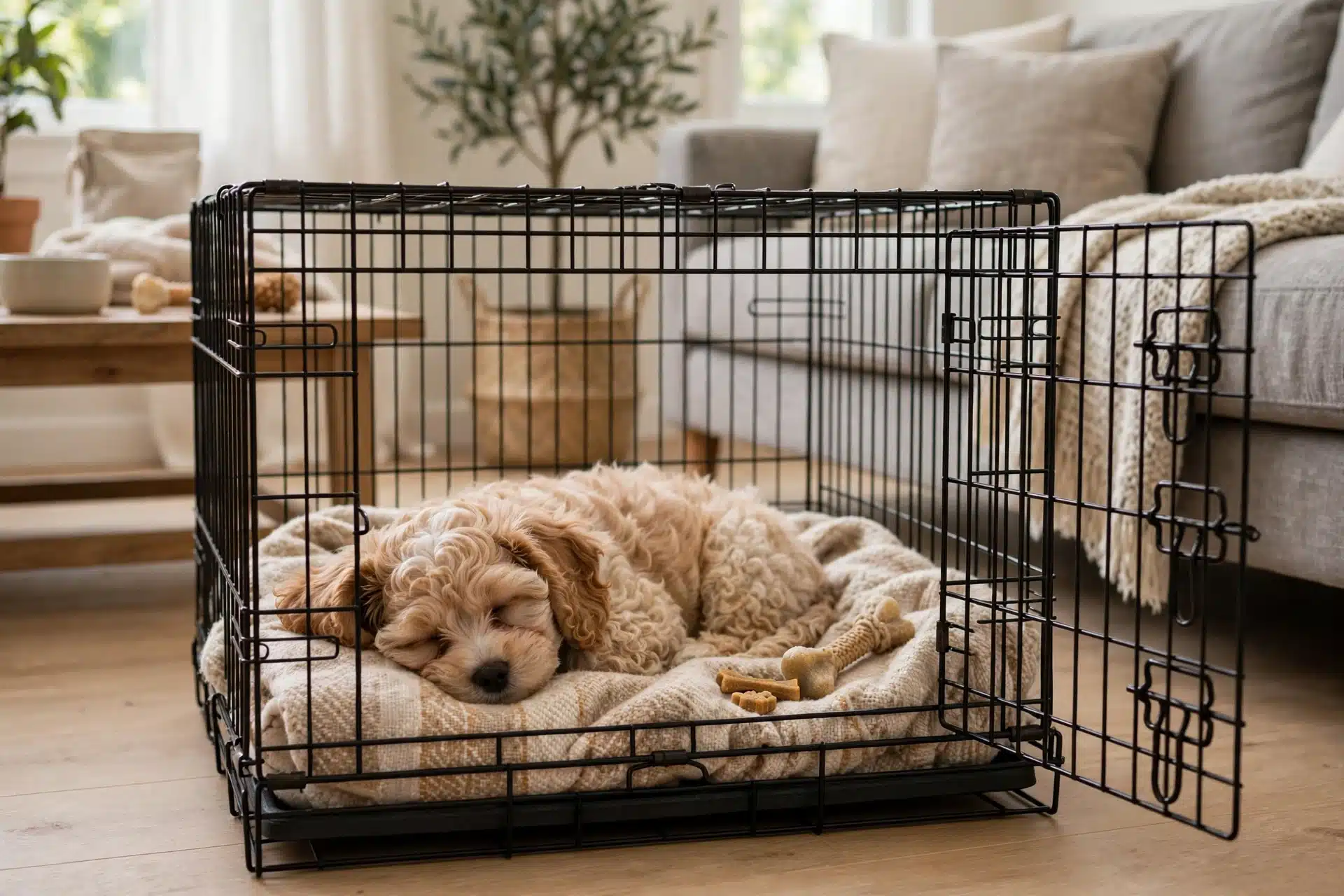 Havapoo puppy napping in an open wire crate
