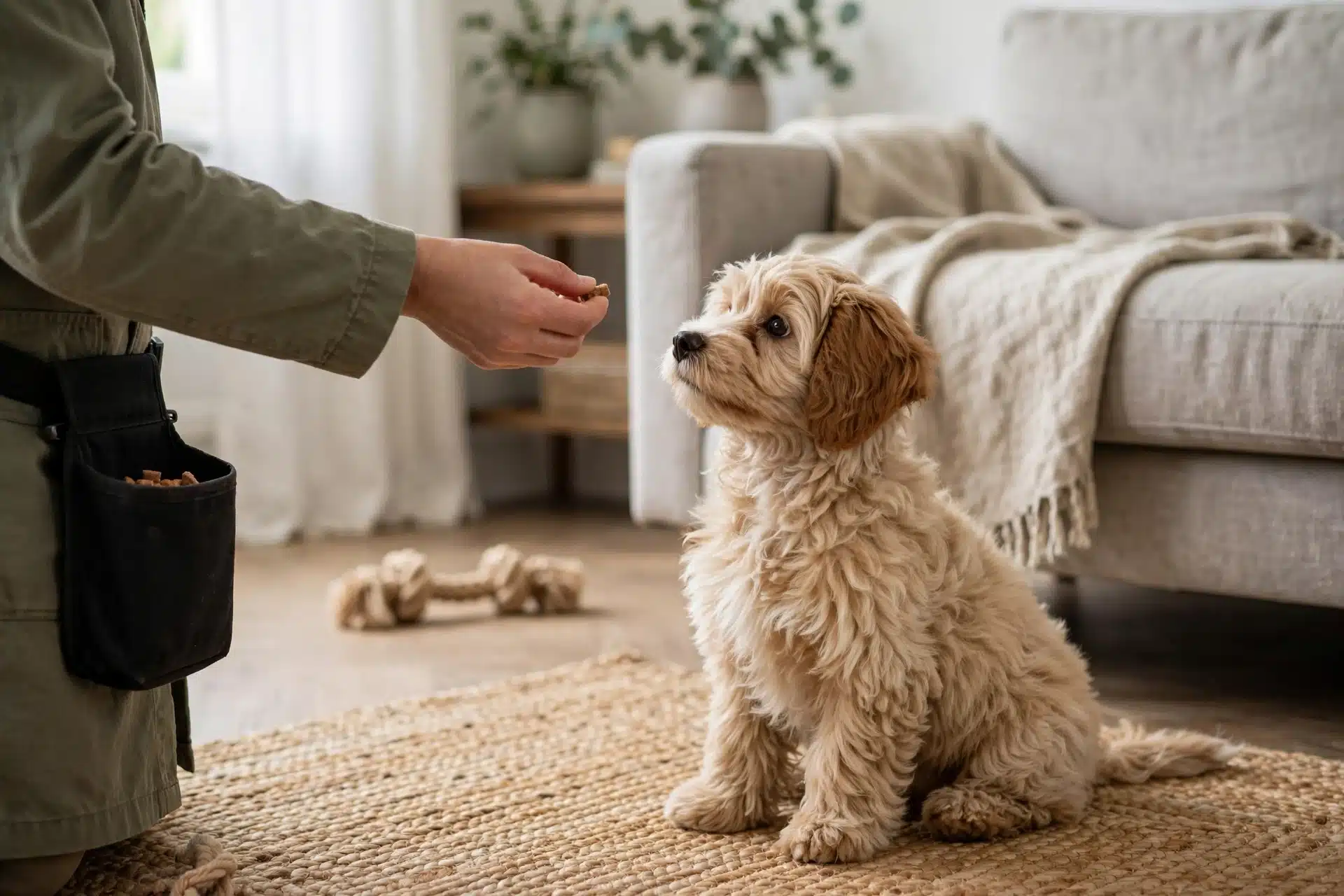 Havapoo puppy sits attentively during treat-based training