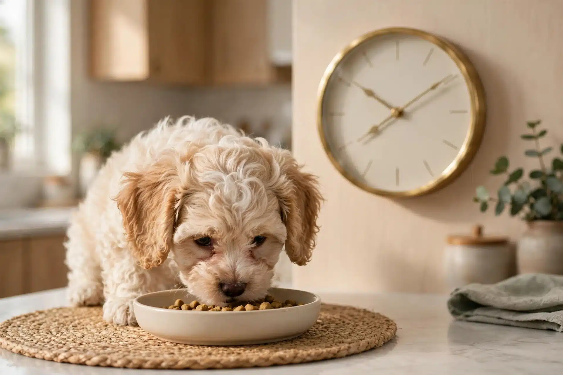 Havapoo puppy eating beside a kitchen clock