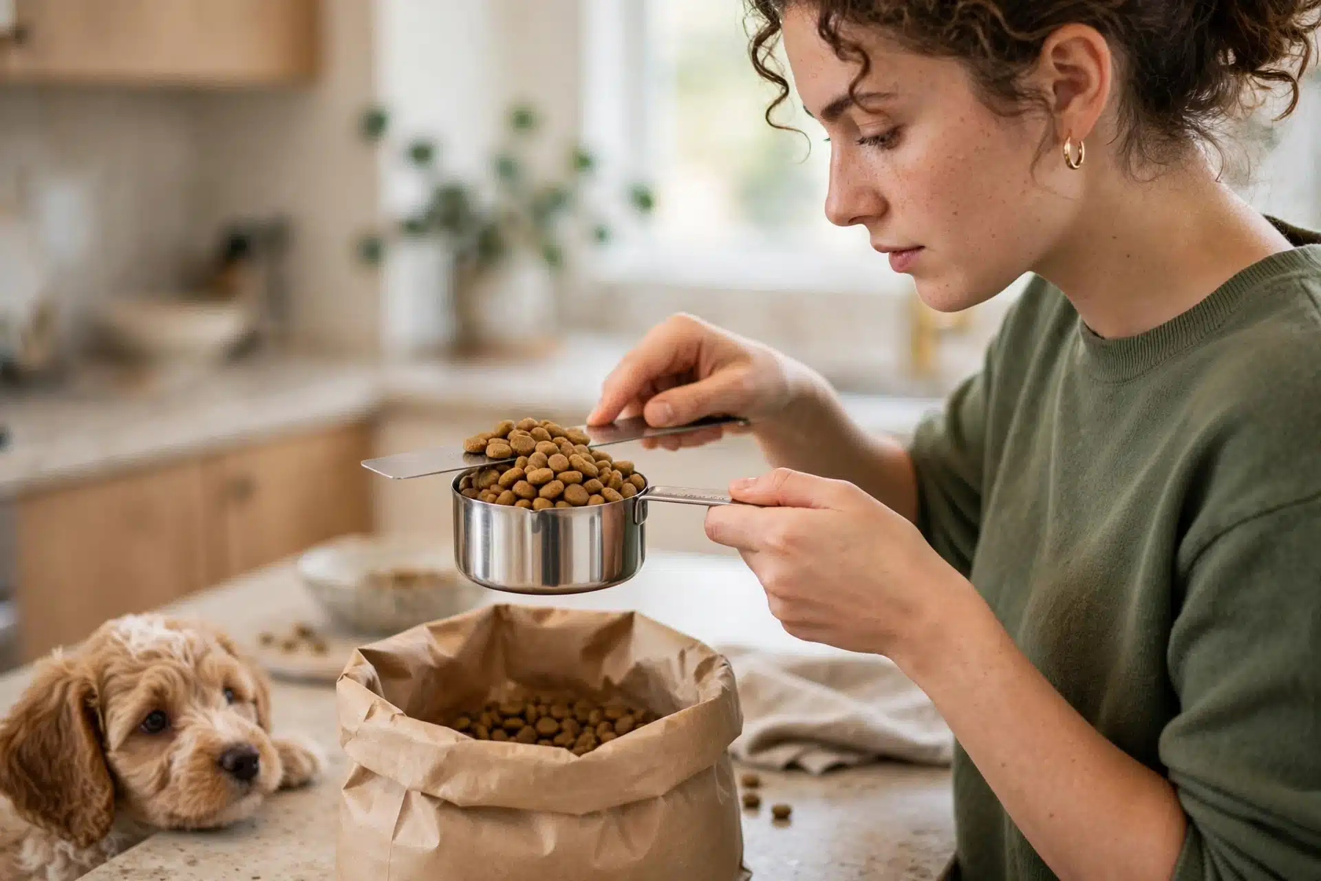 Person leveling kibble over a puppy food bag