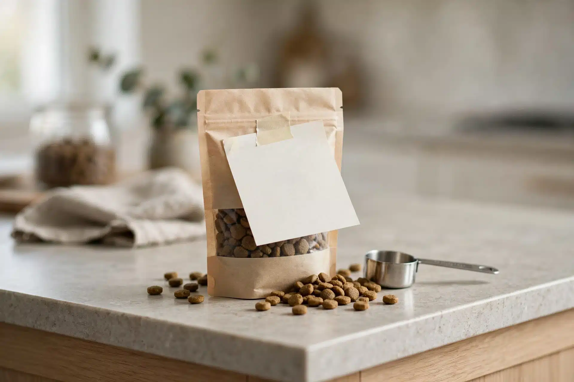 Feeding note beside puppy kibble on kitchen counter
