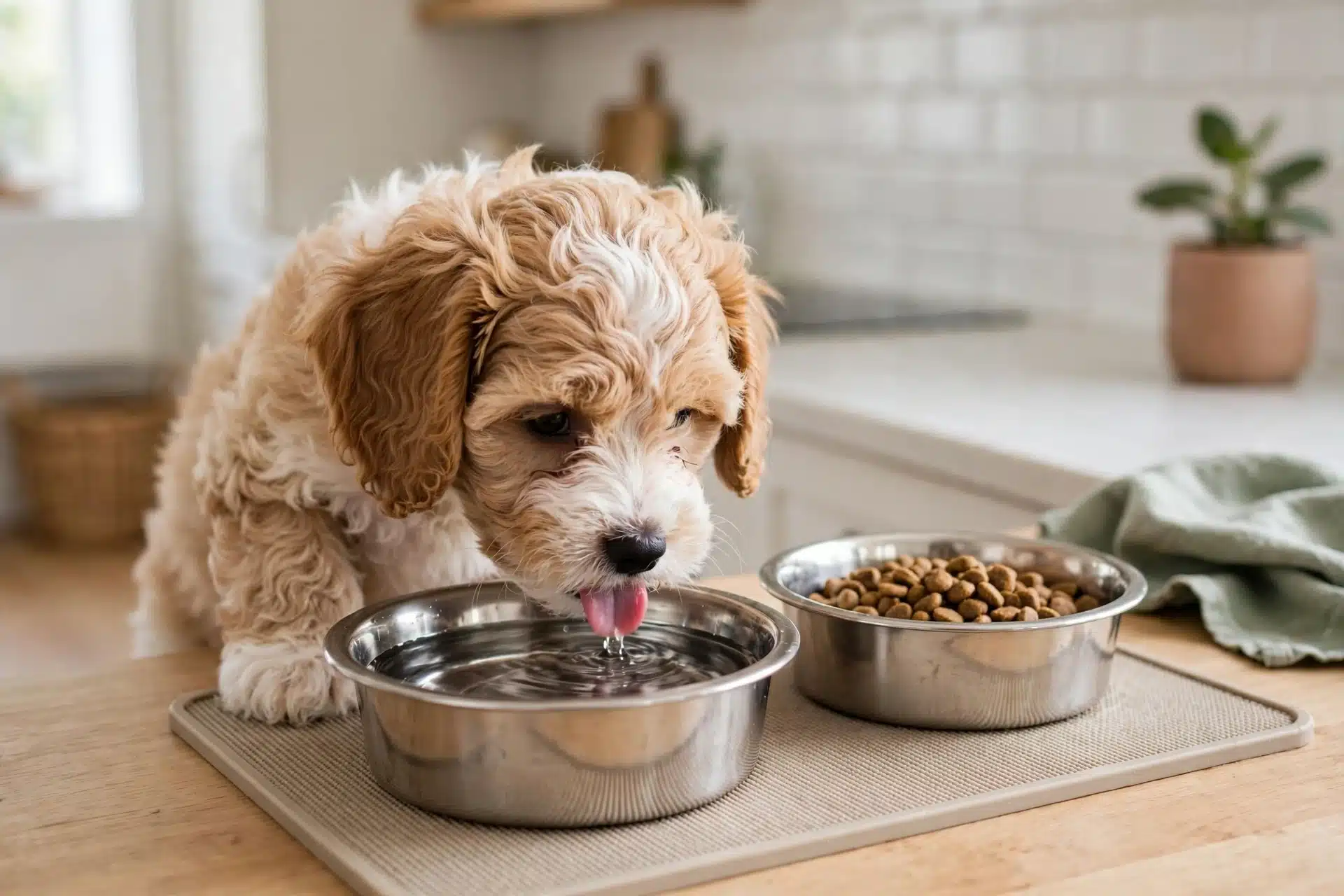 Havapoo puppy drinking from a stainless steel bowl in a bright kitchen