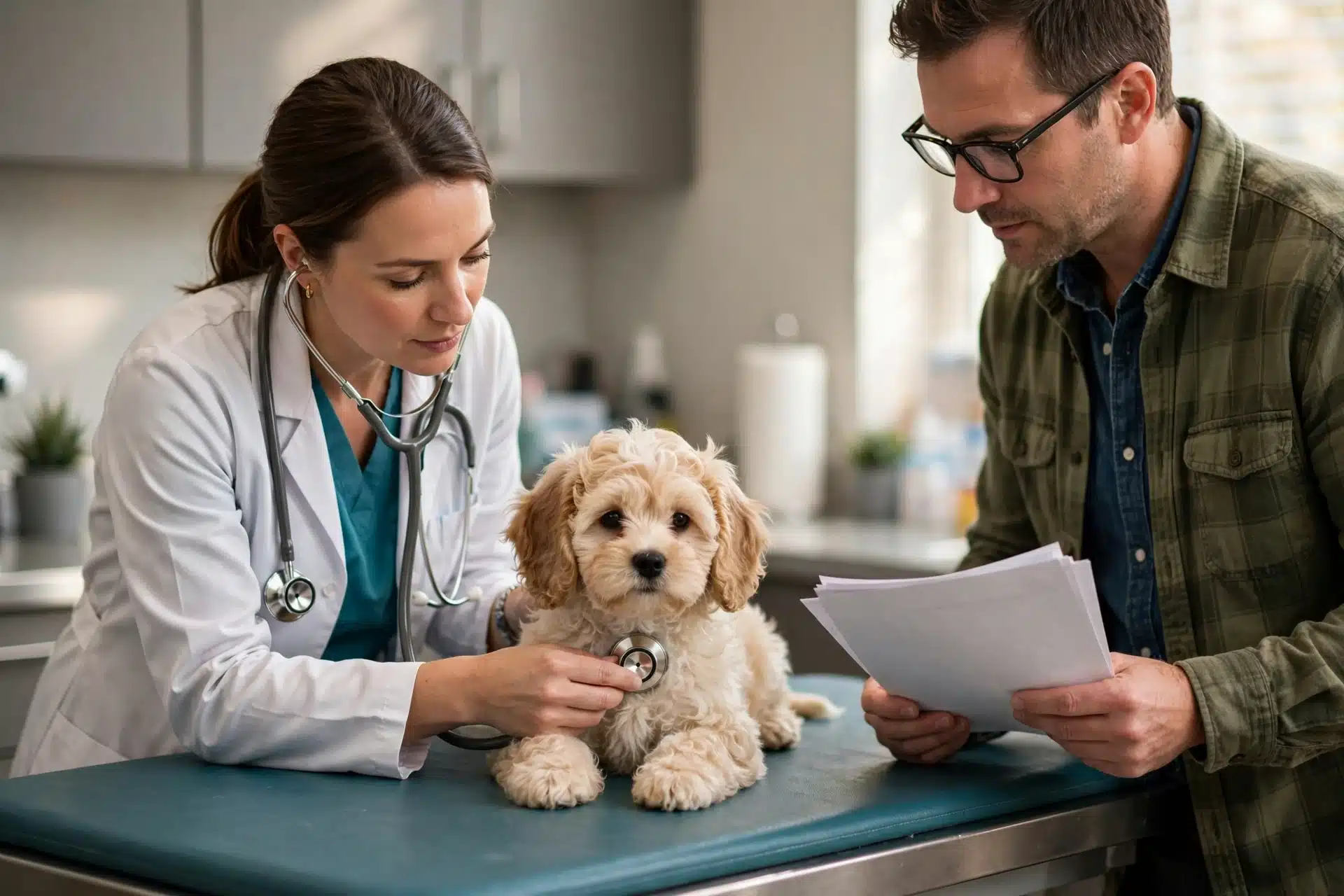 Veterinarian examines a Havapoo puppy as a breeder holds records