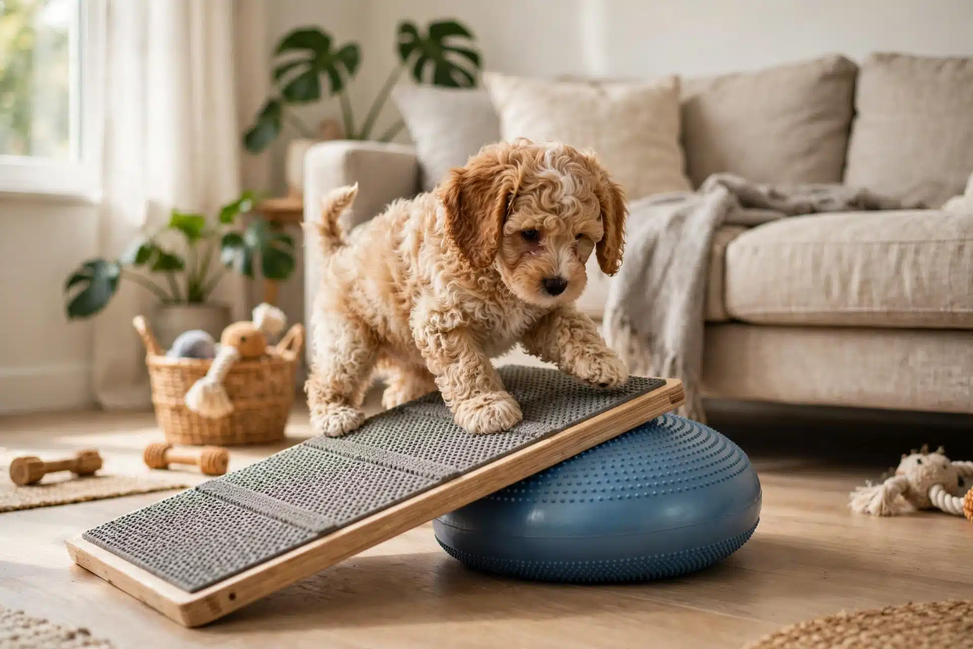 Havapoo puppy plays on ramp and wobble disc