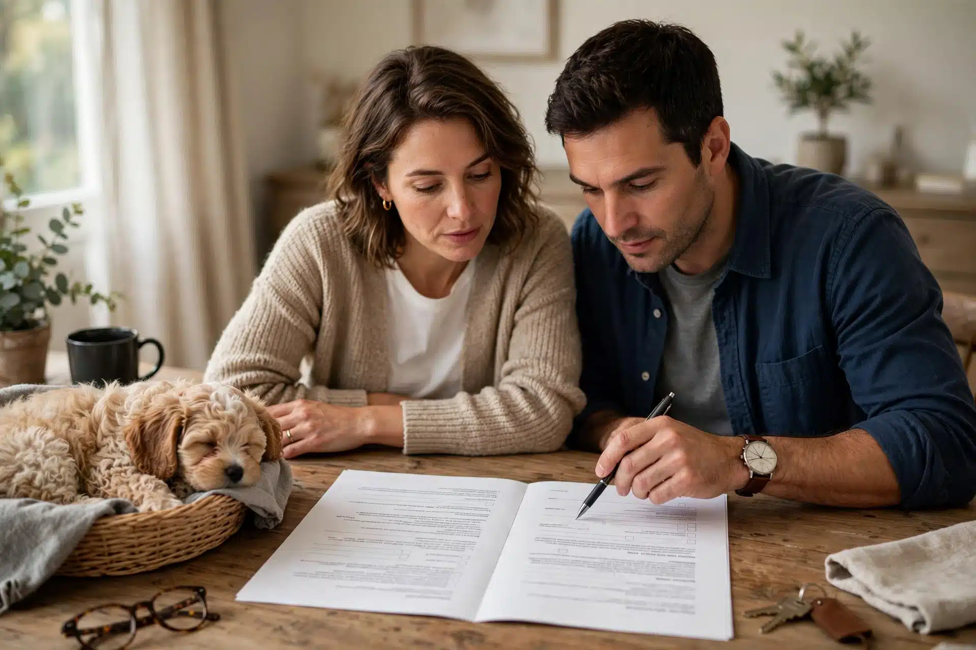 Couple reviewing a puppy purchase contract at home