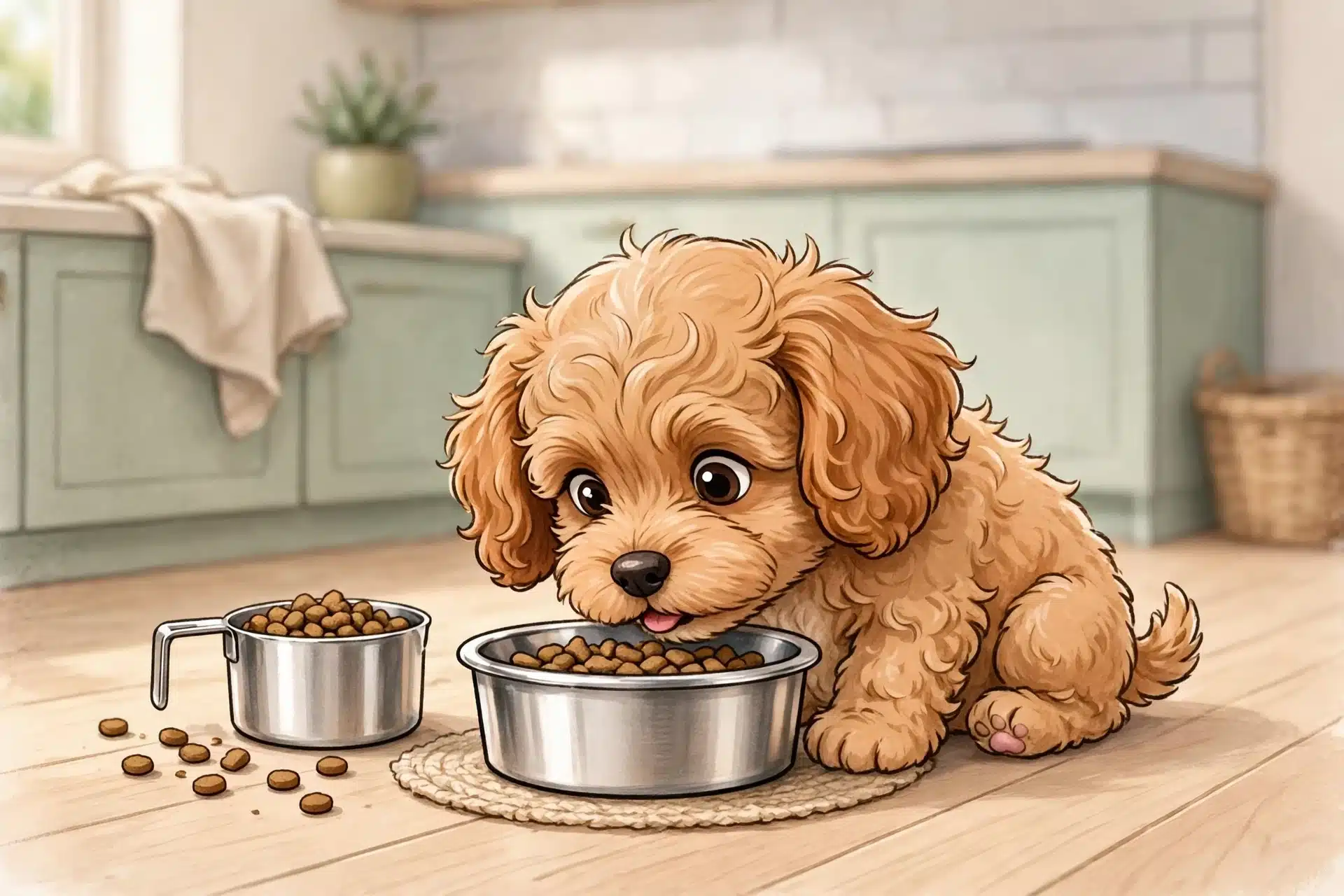 Apricot Cavapoo puppy eating kibble from a steel bowl