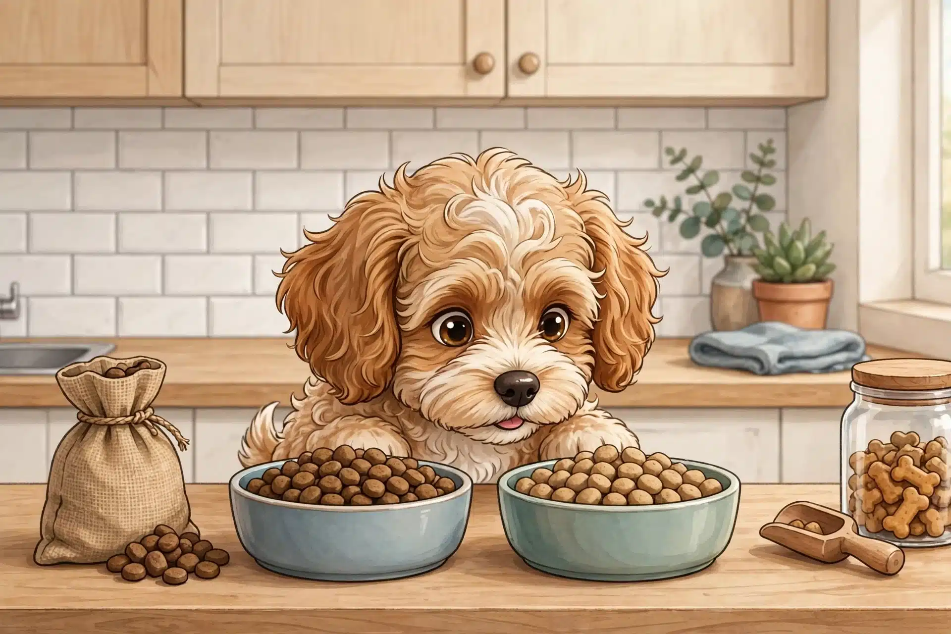 Cavapoo puppy sniffing two kibble bowls