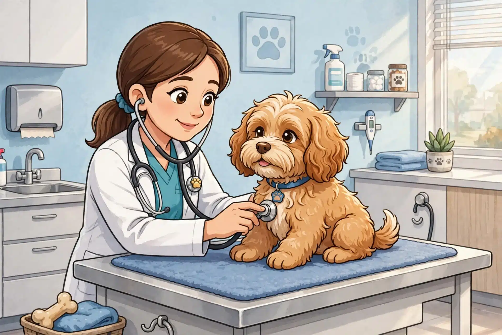 Veterinarian listens to a Cavapoo puppy’s heartbeat