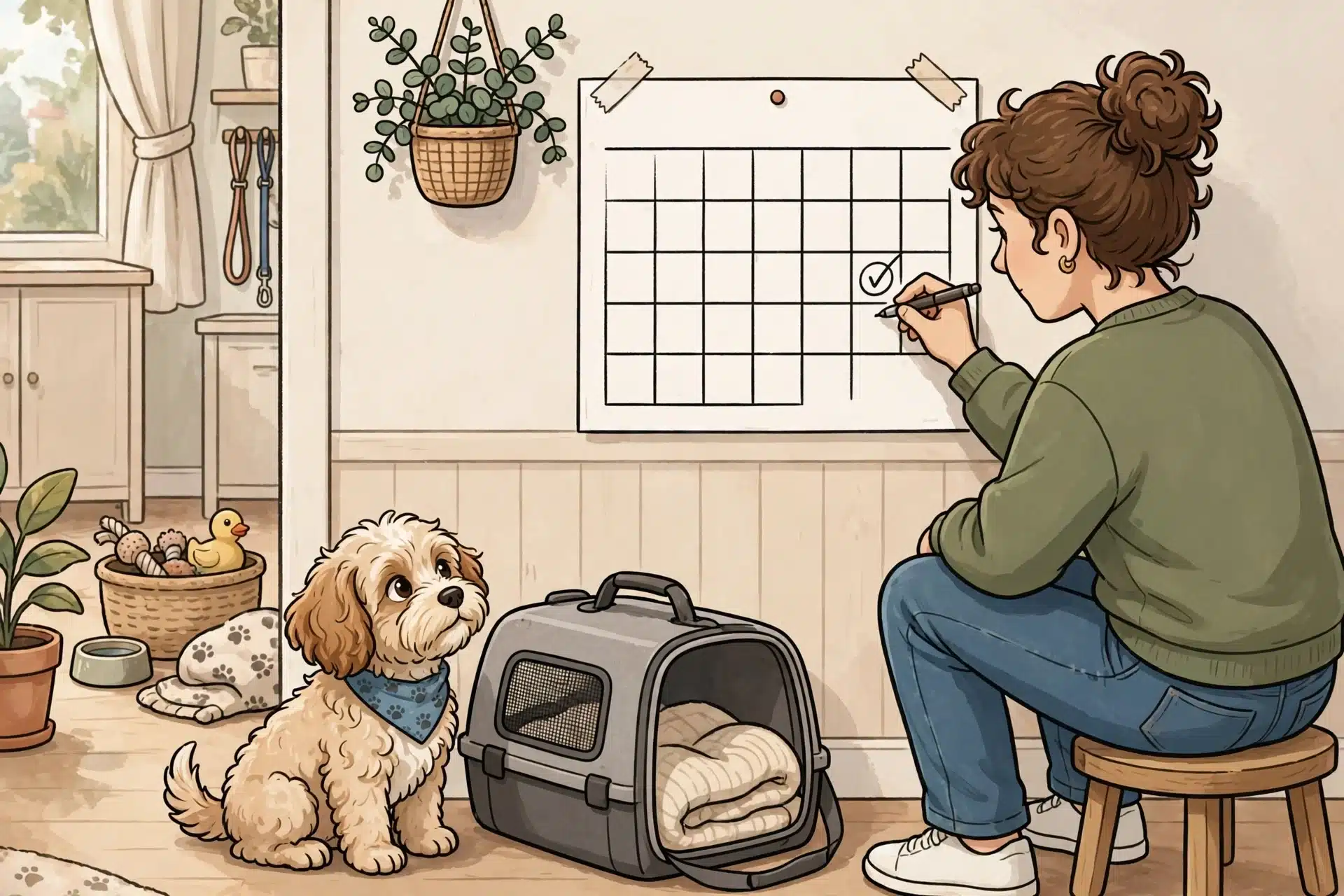 Owner marks puppy vaccination dates beside a carrier
