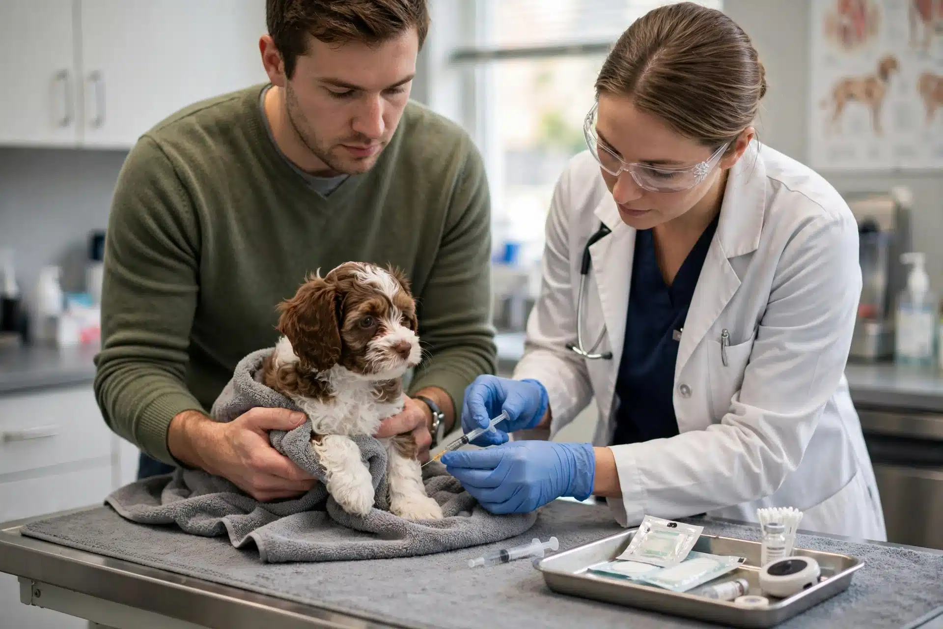 Veterinarian vaccinating a Cavapoo puppy in a clinic