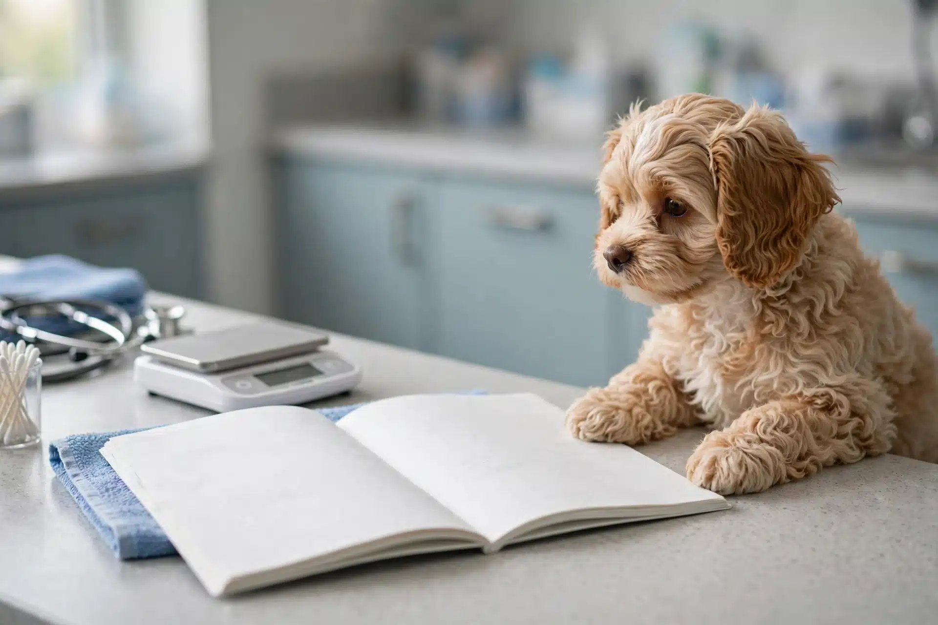 Cavapoo beside open records and scale