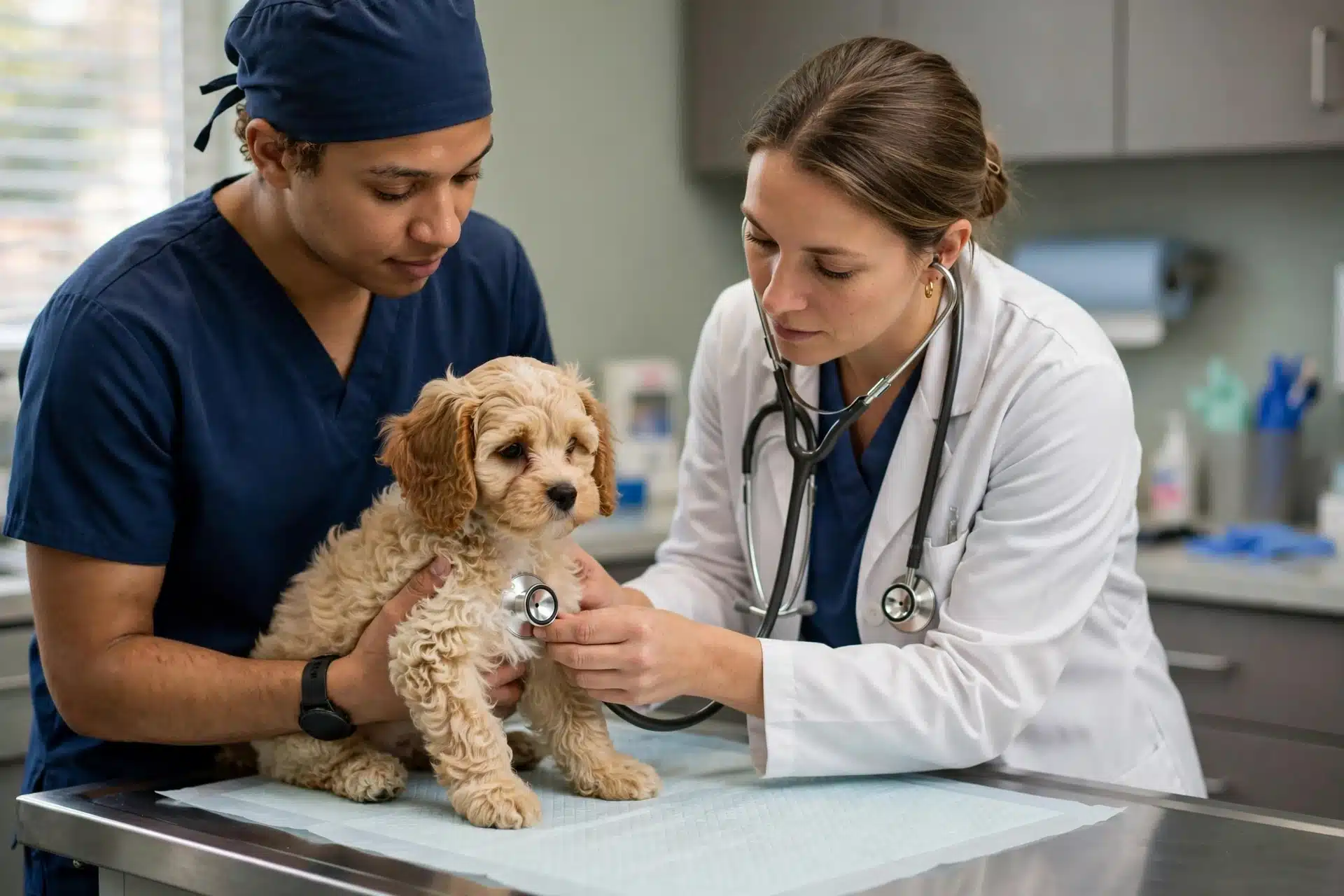 Veterinarian checks a Cavapoo puppy with a stethoscope