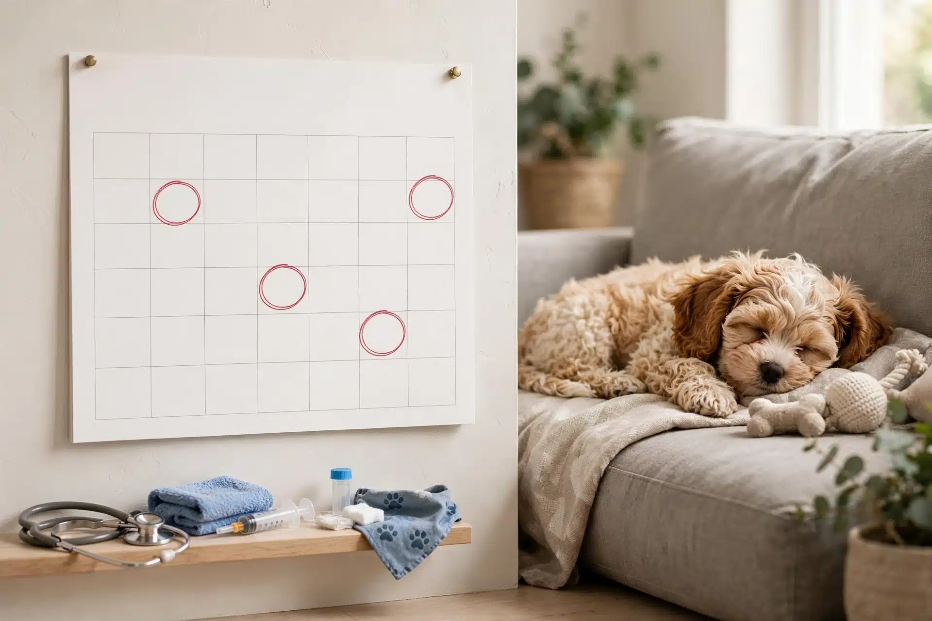 Cavapoo puppy napping beside circled vet appointments