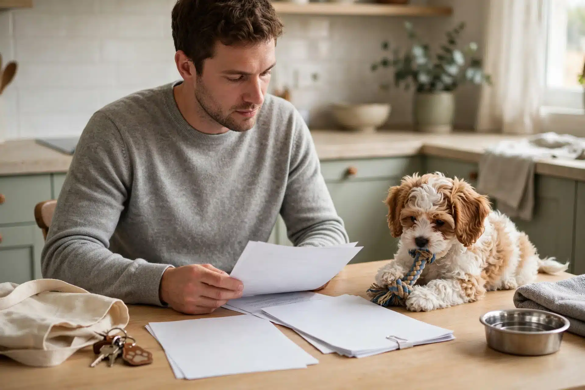 Buyer reviews puppy health records beside Cavapoo puppy