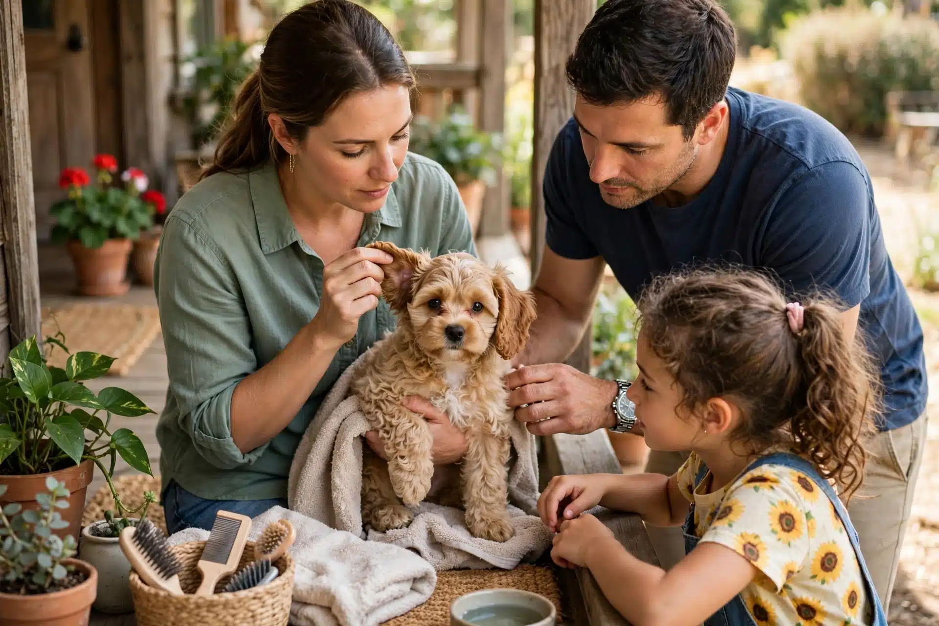 Family examines Cavapoo puppy on sunlit breeder porch