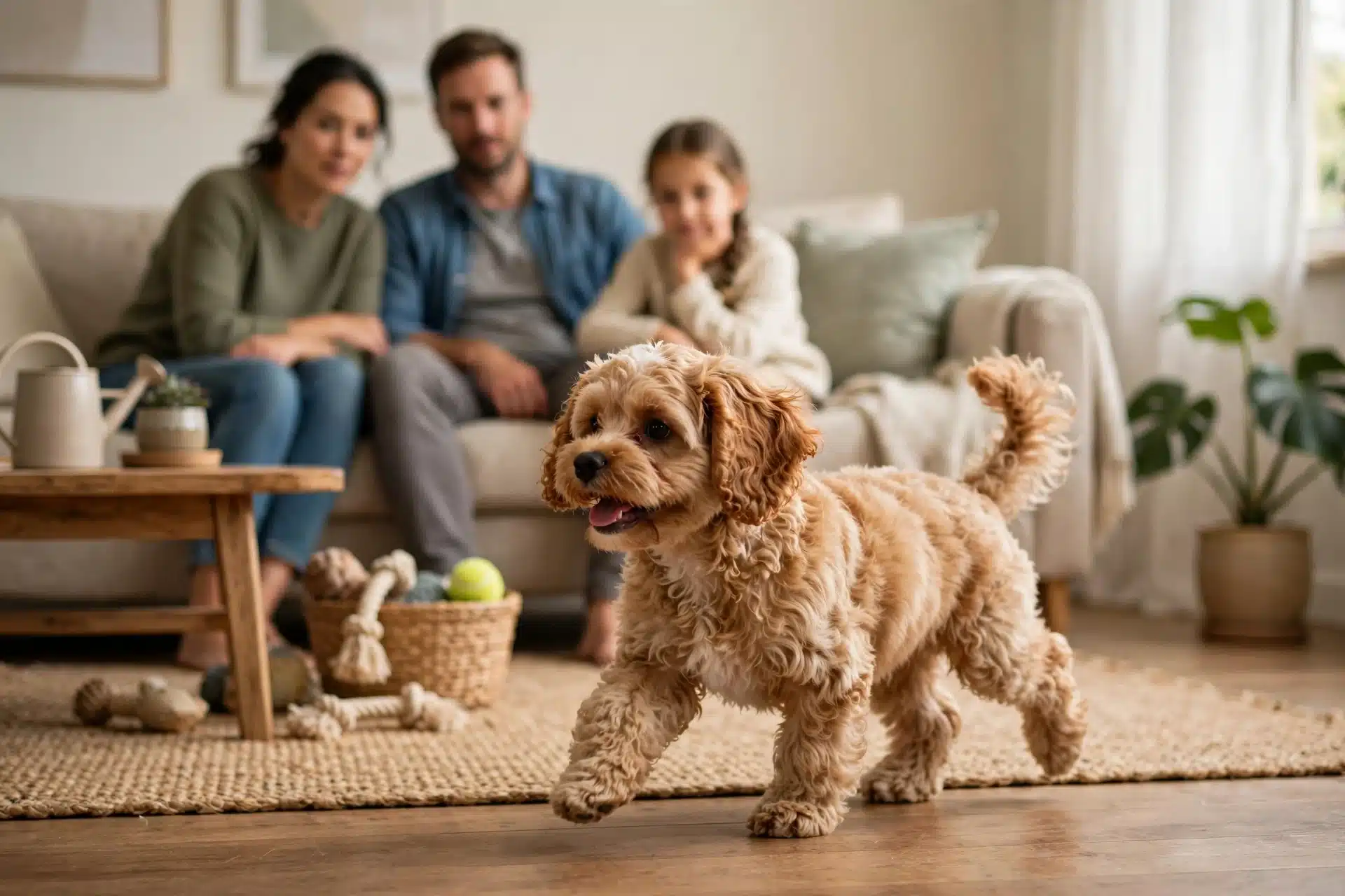 Cavapoo puppy trots as family watches from couch