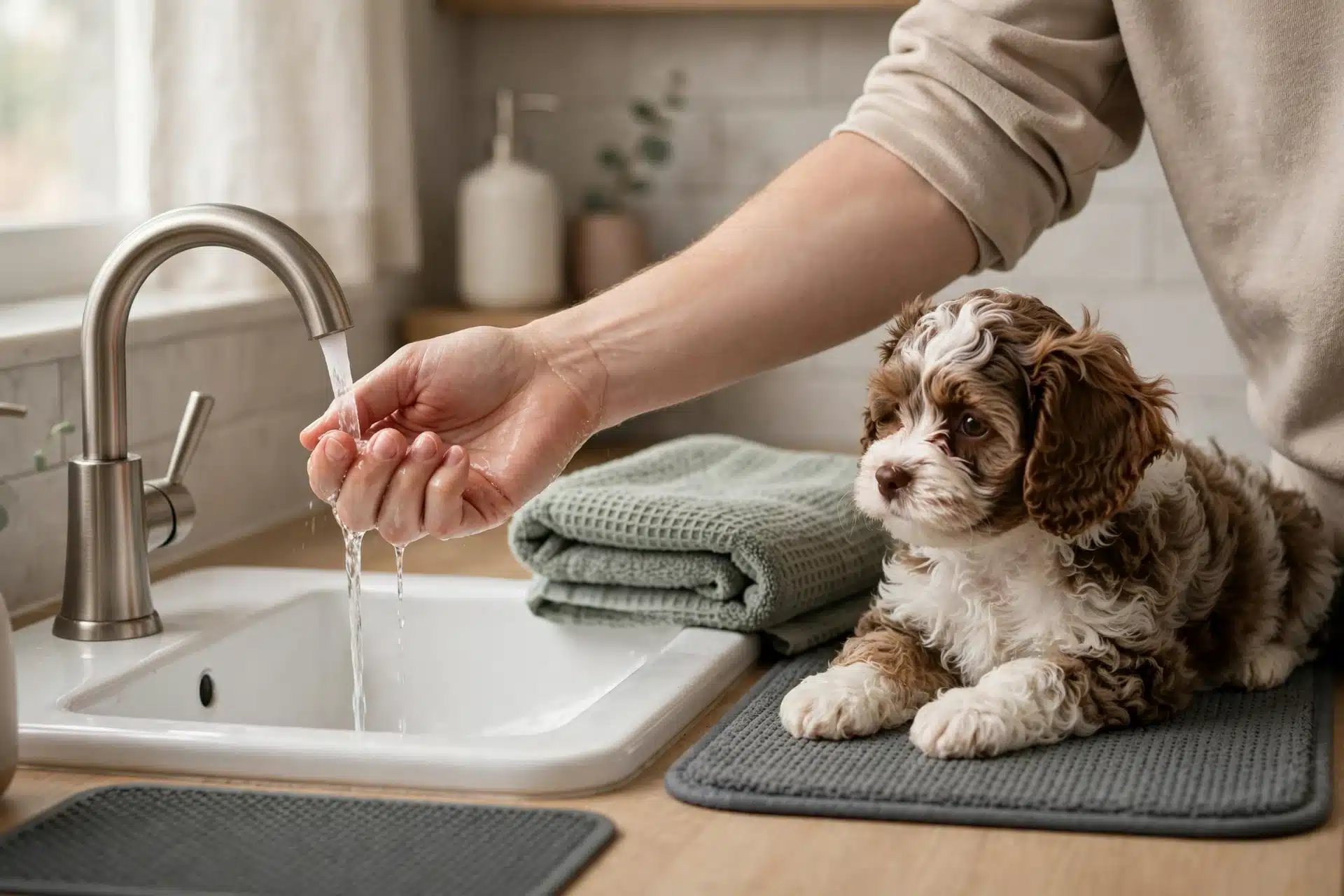 Owner tests lukewarm water on wrist beside sink