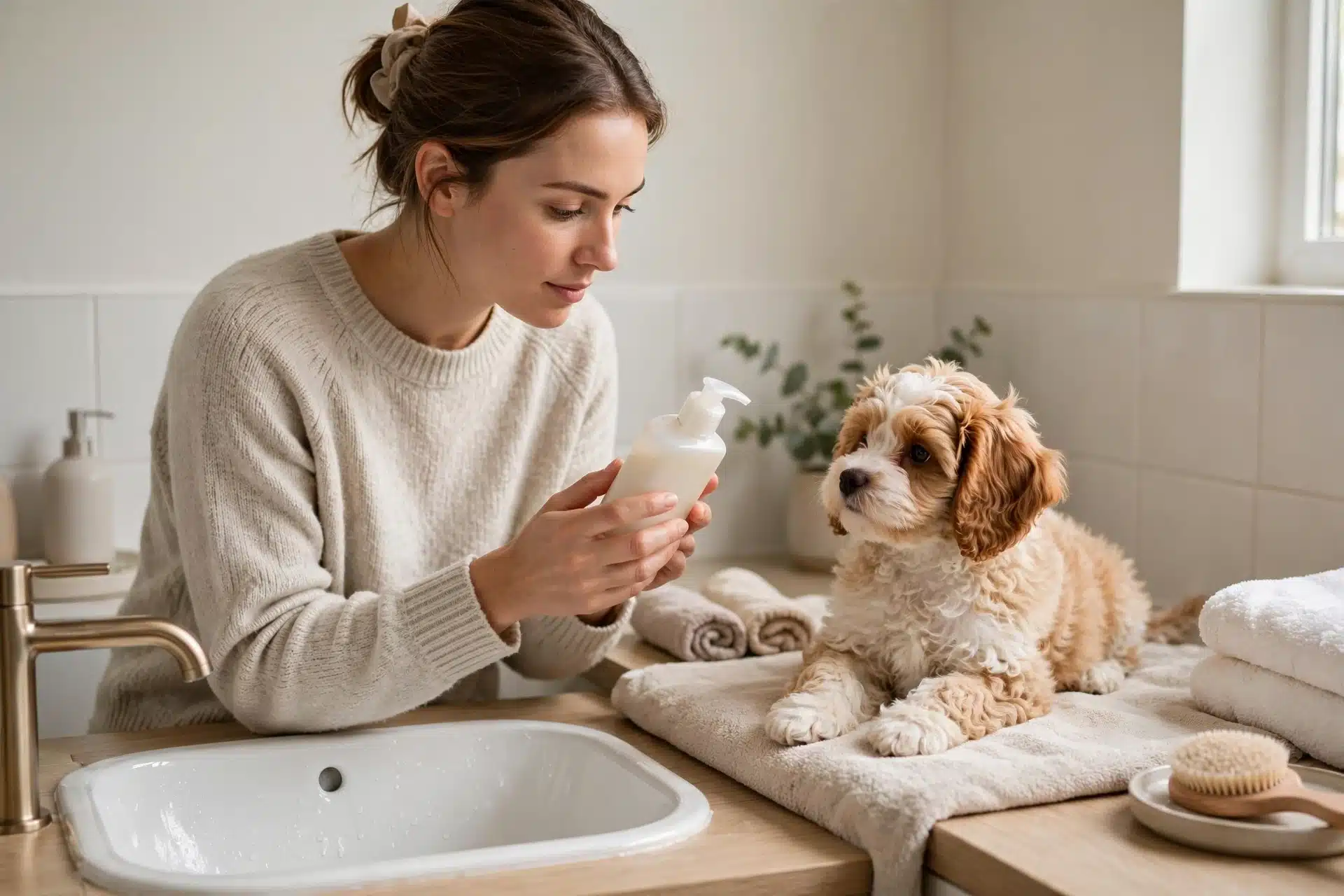 Person Reads Shampoo Label as Cavapoo Waits