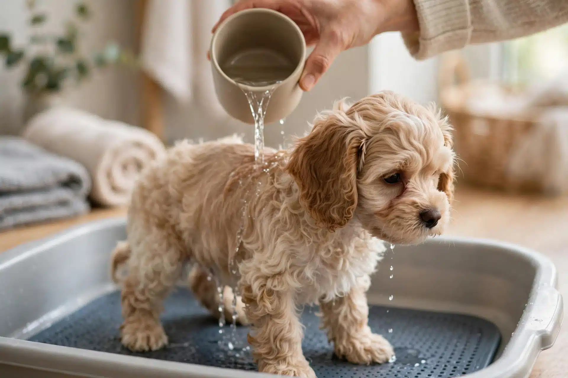 Owner pouring warm water over a Cavapoo puppy
