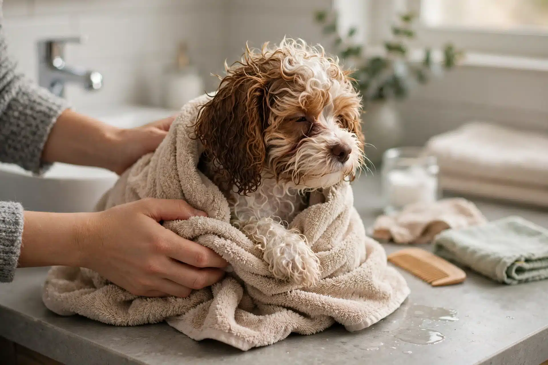 Owner wraps damp Cavapoo puppy in bathroom towel