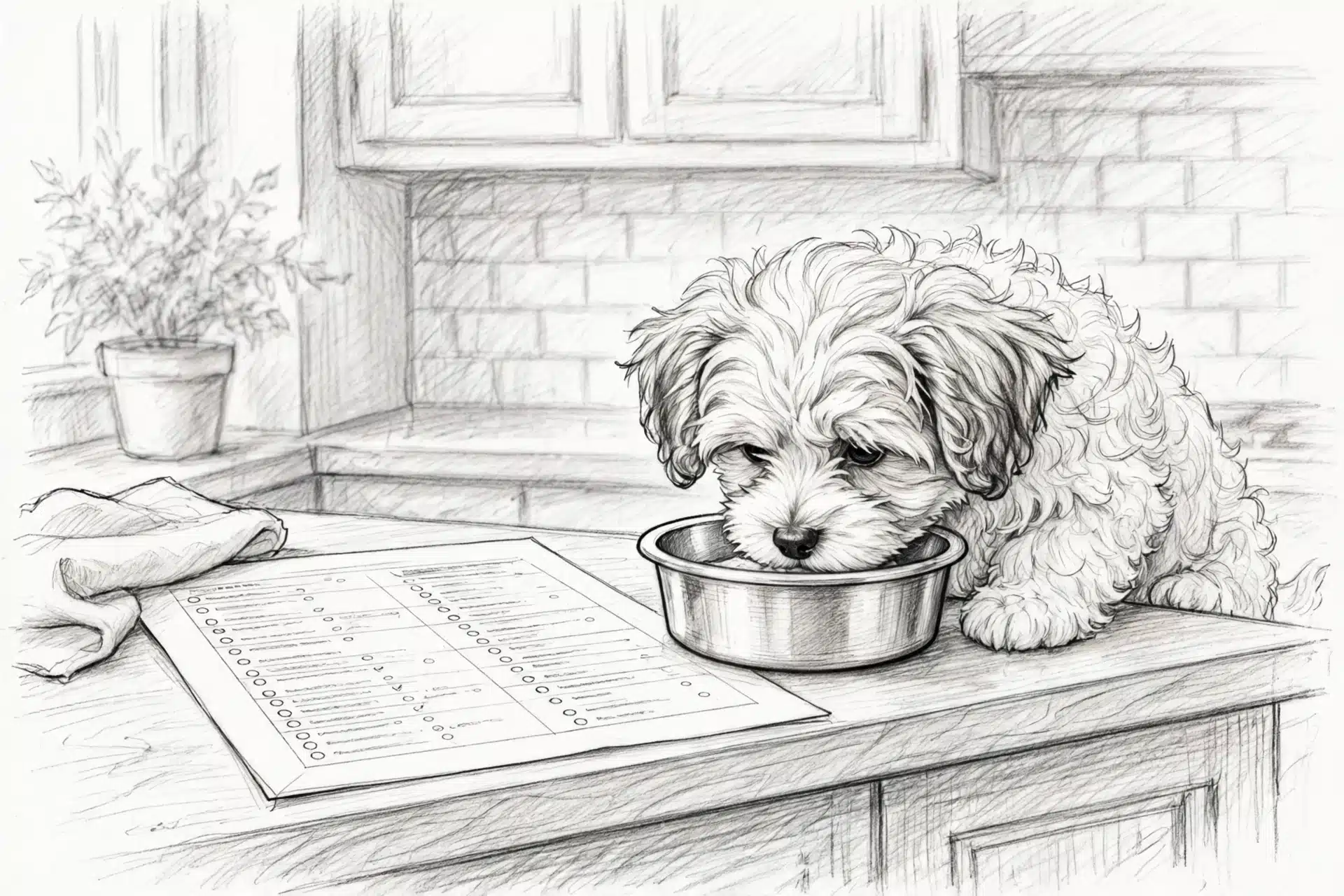 Havanese puppy eating beside a blank feeding schedule