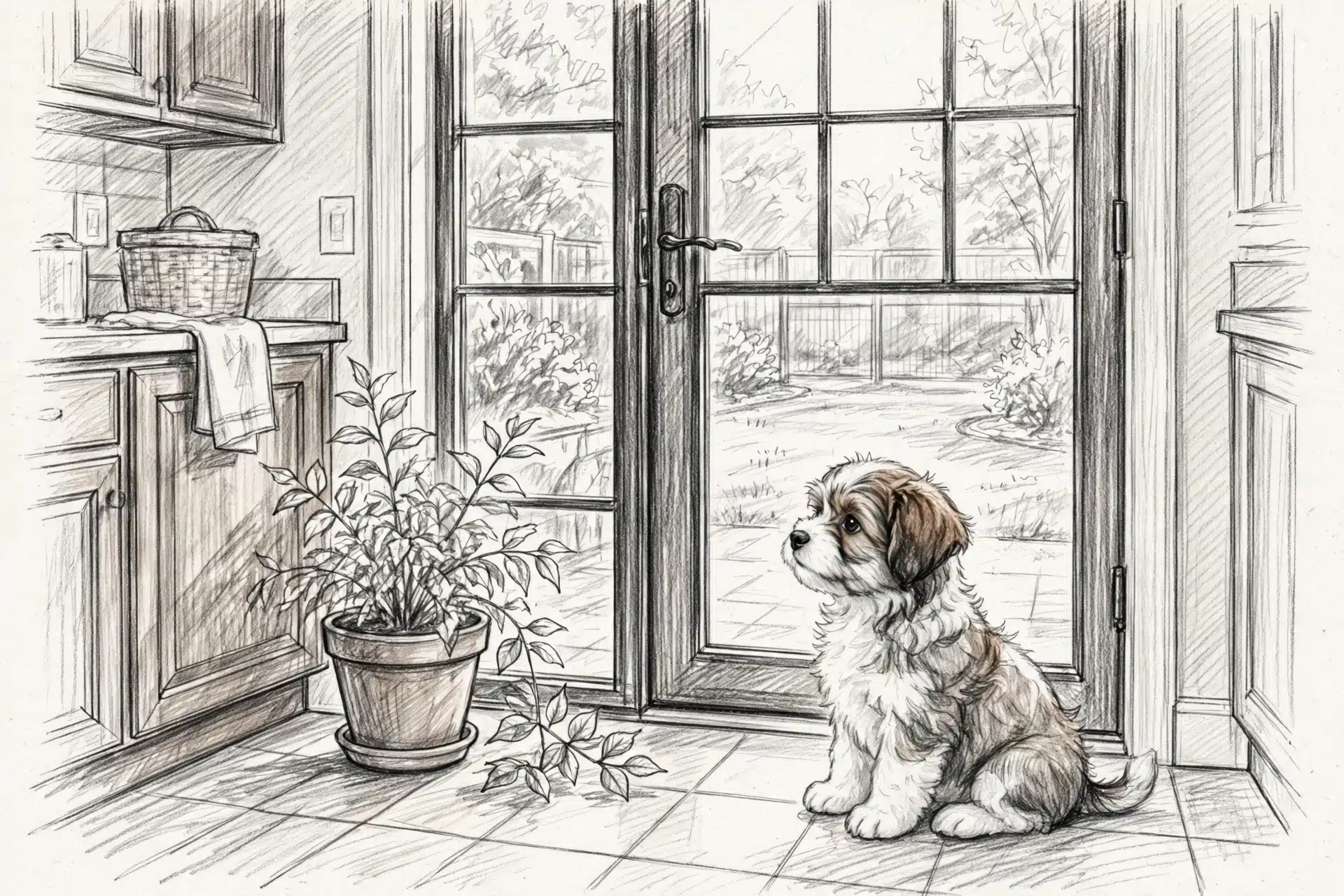 Havanese puppy waiting by glass back door