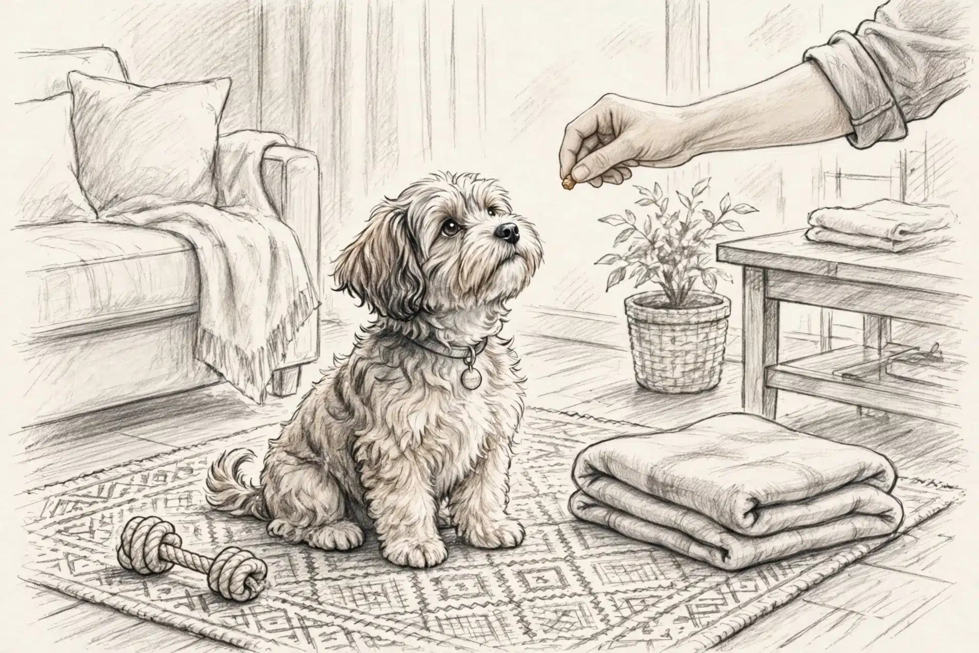 Havanese puppy learning basic commands with a treat