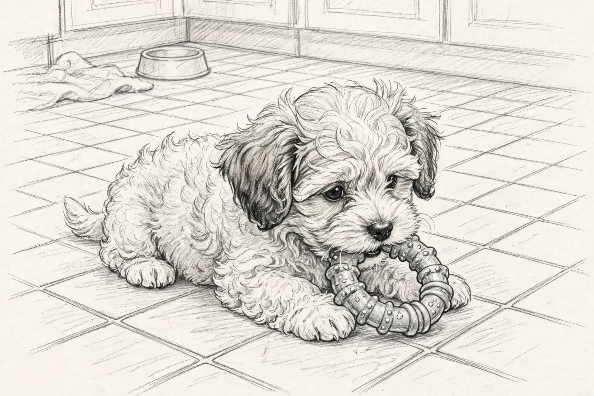 Havanese puppy gnawing a frozen teething toy on tiled kitchen floor