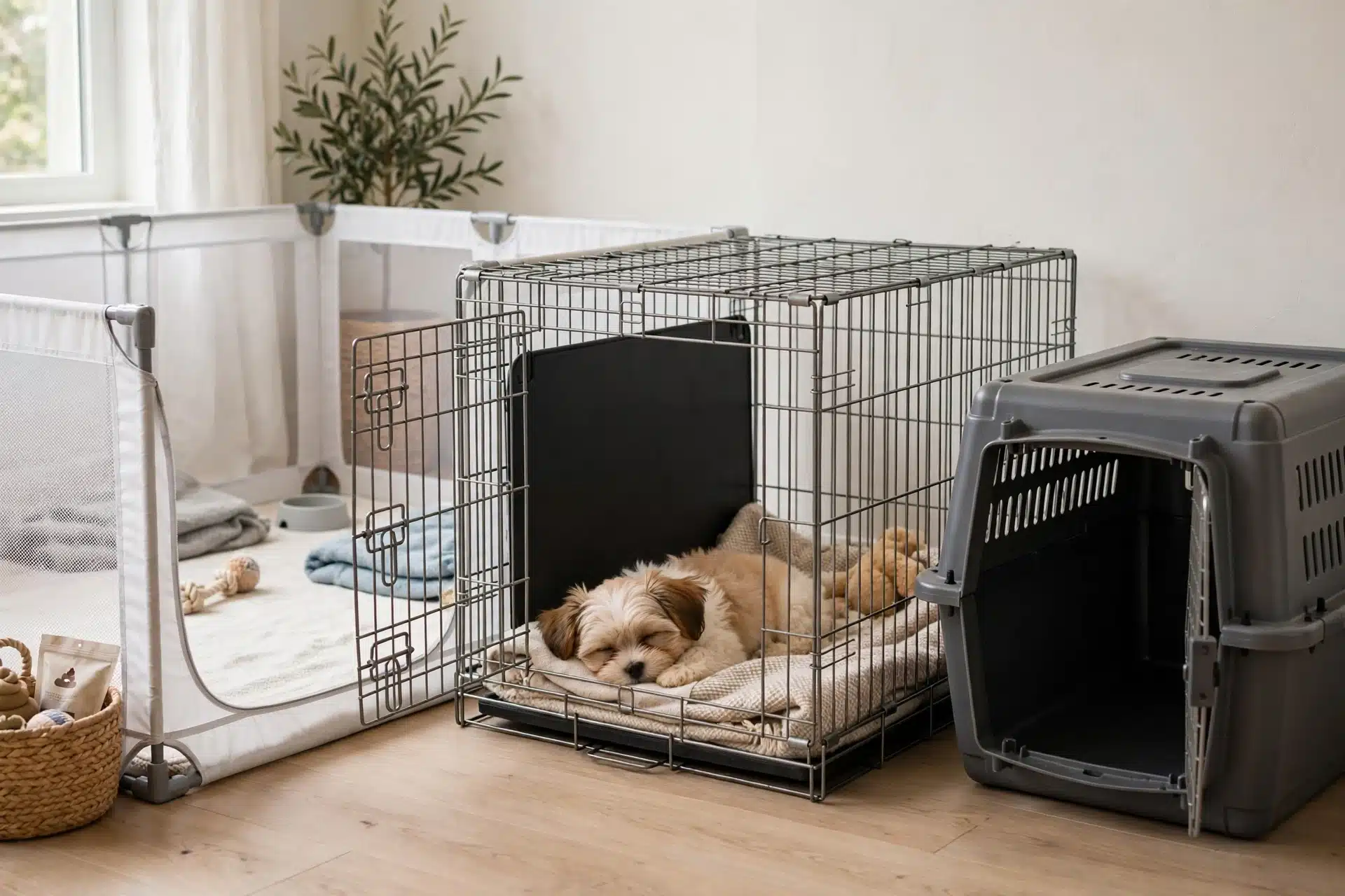 Havanese puppy resting in a wire crate