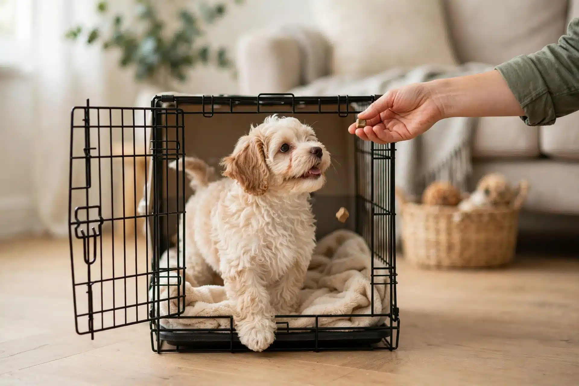 Owner tosses a treat into an open crate