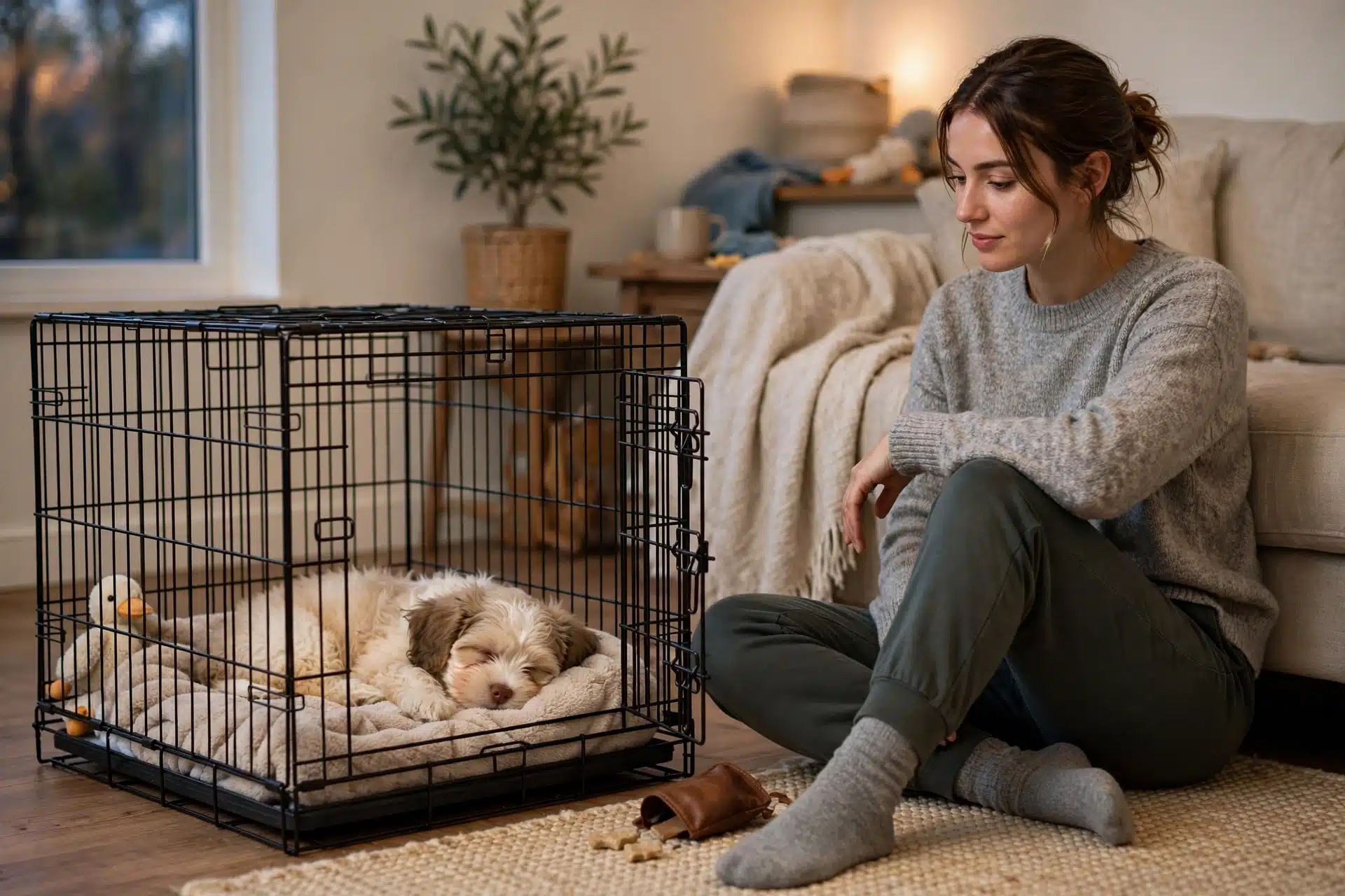 Owner sits beside a sleepy Havanese puppy napping in a closed crate