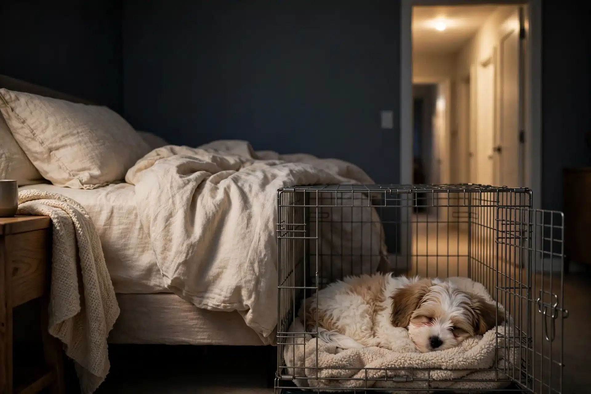 Havanese puppy sleeps in crate, hallway light glowing
