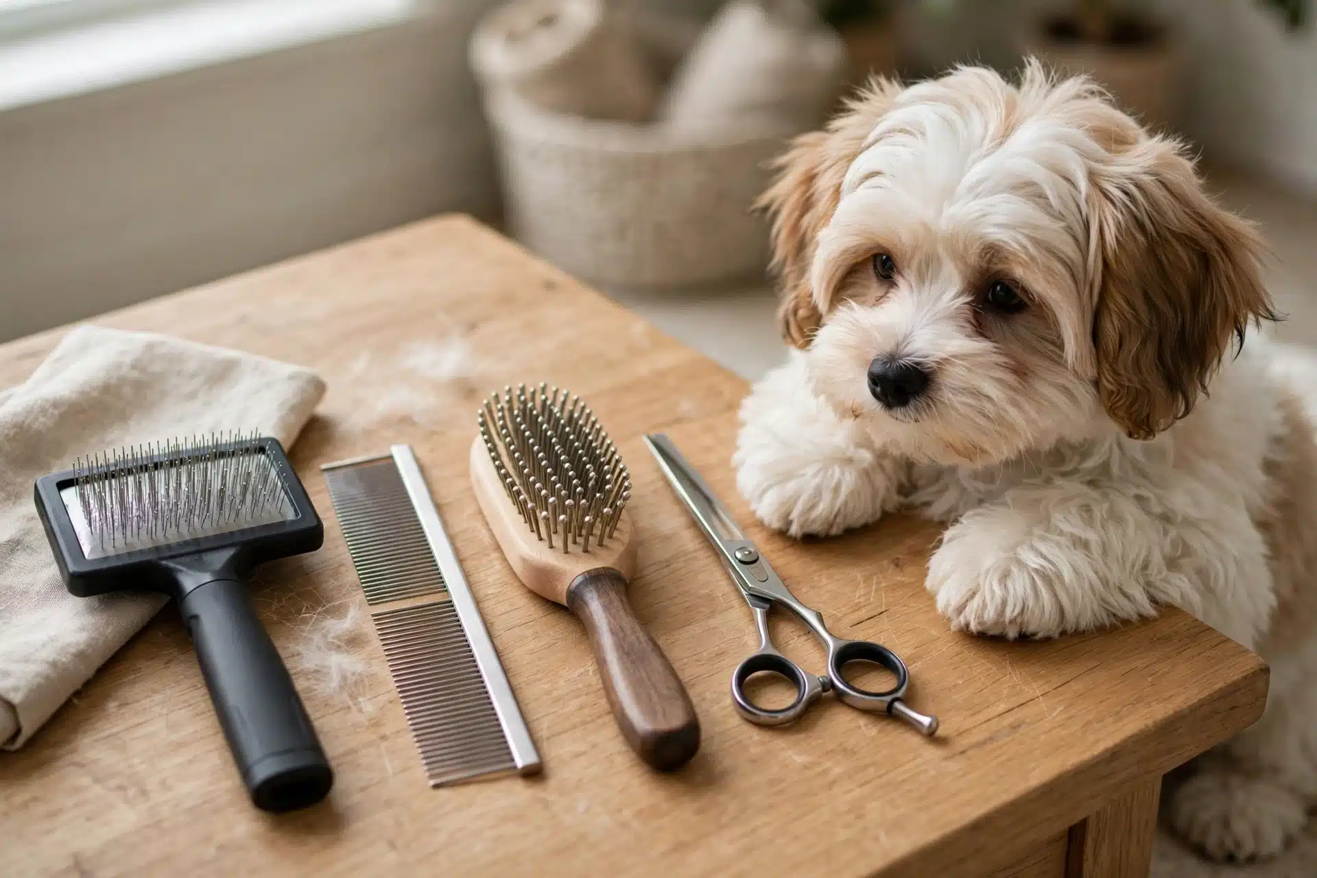 Grooming tools beside a fluffy Havanese puppy
