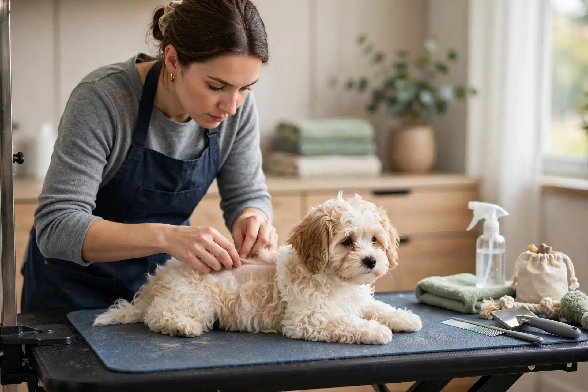 Parting a fluffy Havanese puppy’s coat during grooming