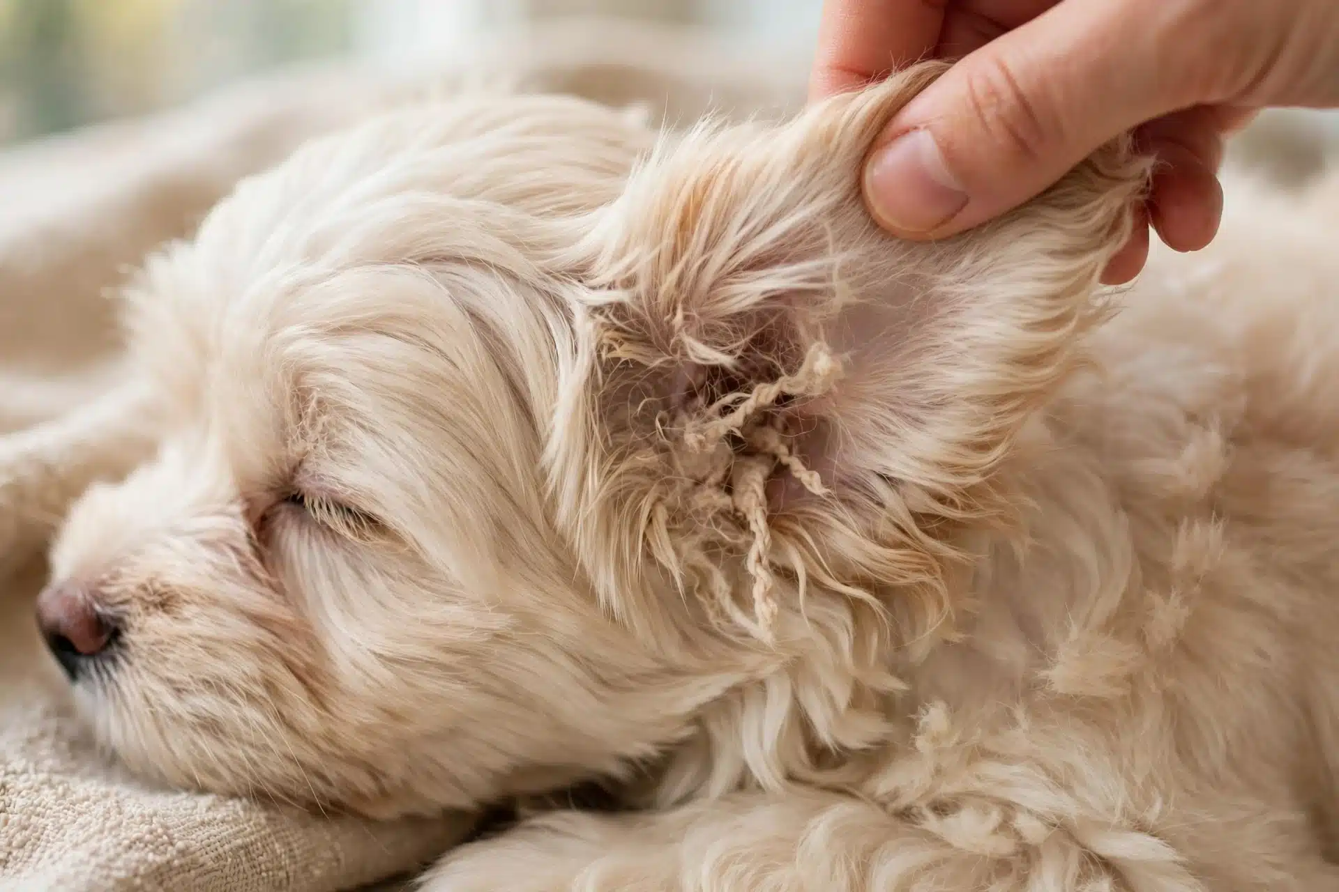 Gentle fingers parting a Havanese puppy’s ear fur