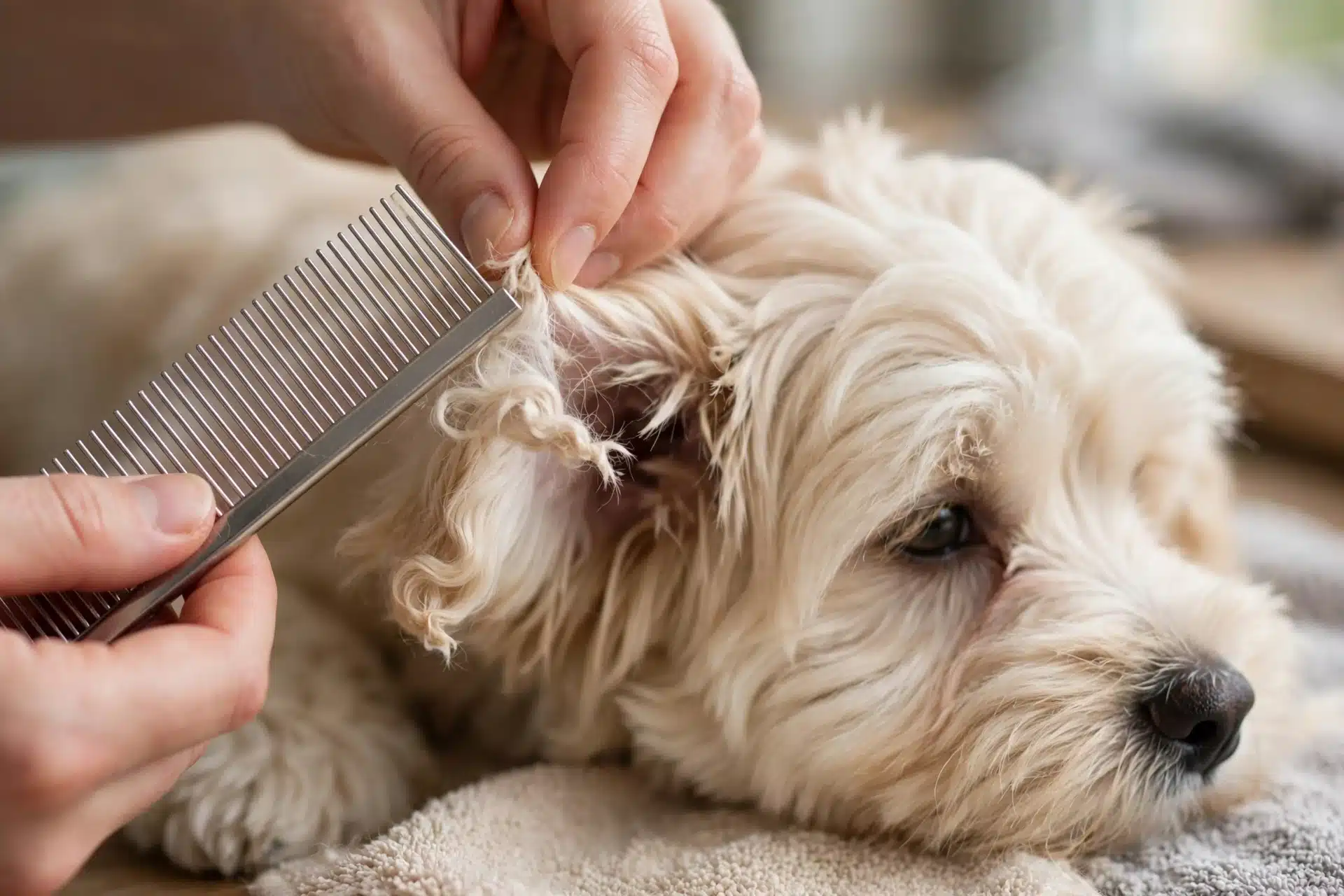 Fingers and steel comb separate loose ear-fur mat