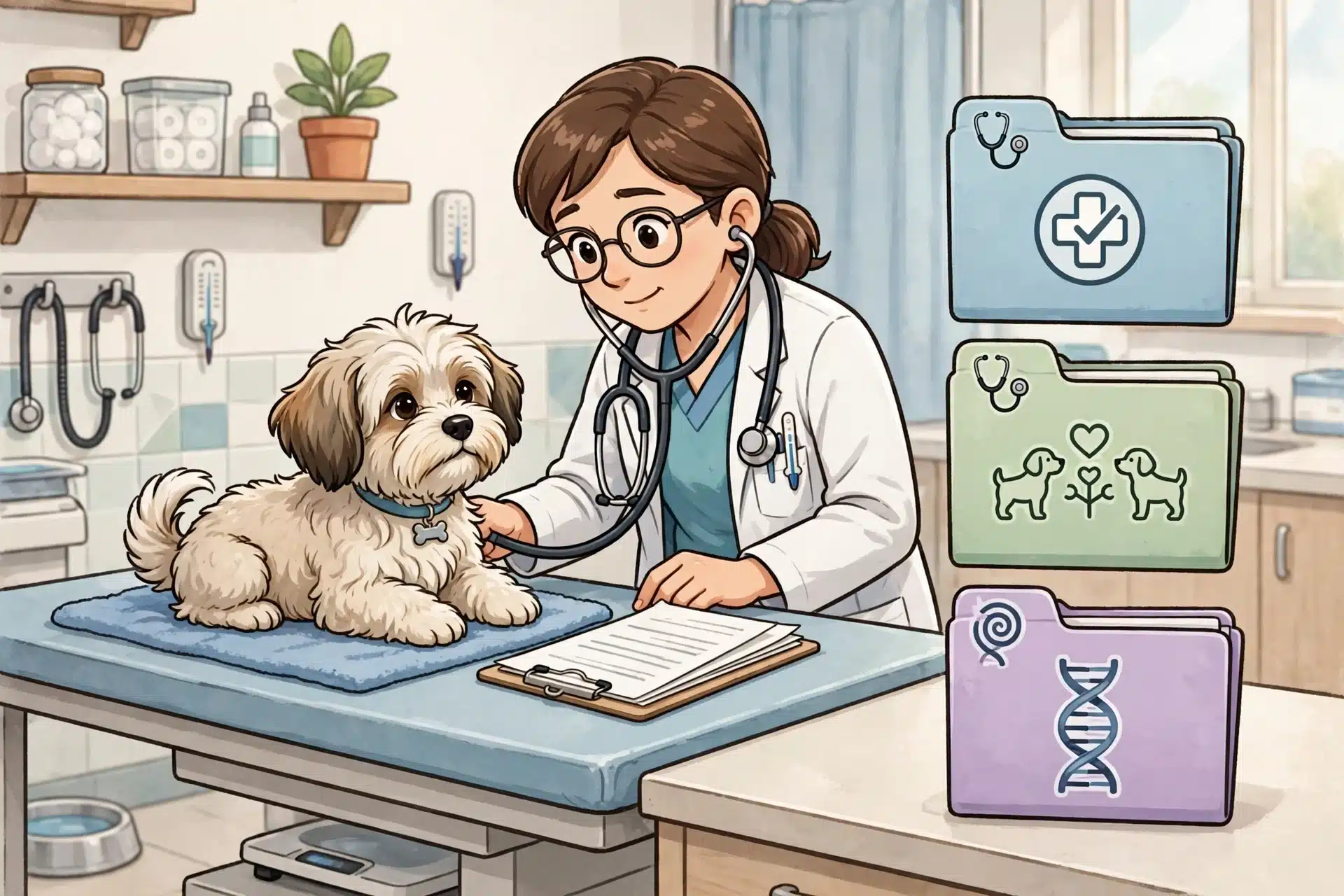 Veterinarian examines Havanese puppy beside health records