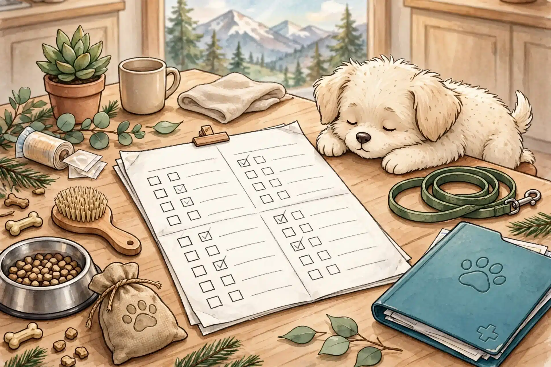 Puppy budget worksheet with leash and vaccine folder