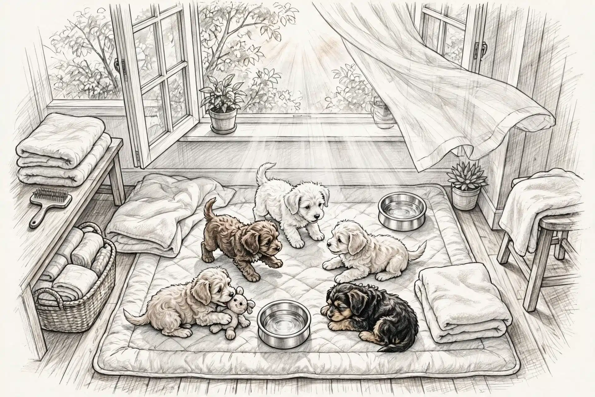 Sunny home nursery with fresh bedding and playful puppies