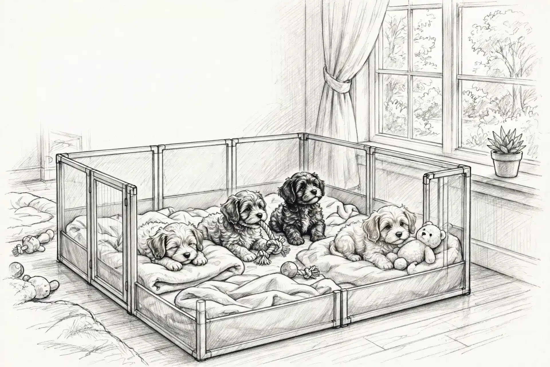 Small puppies in a sunlit indoor playpen