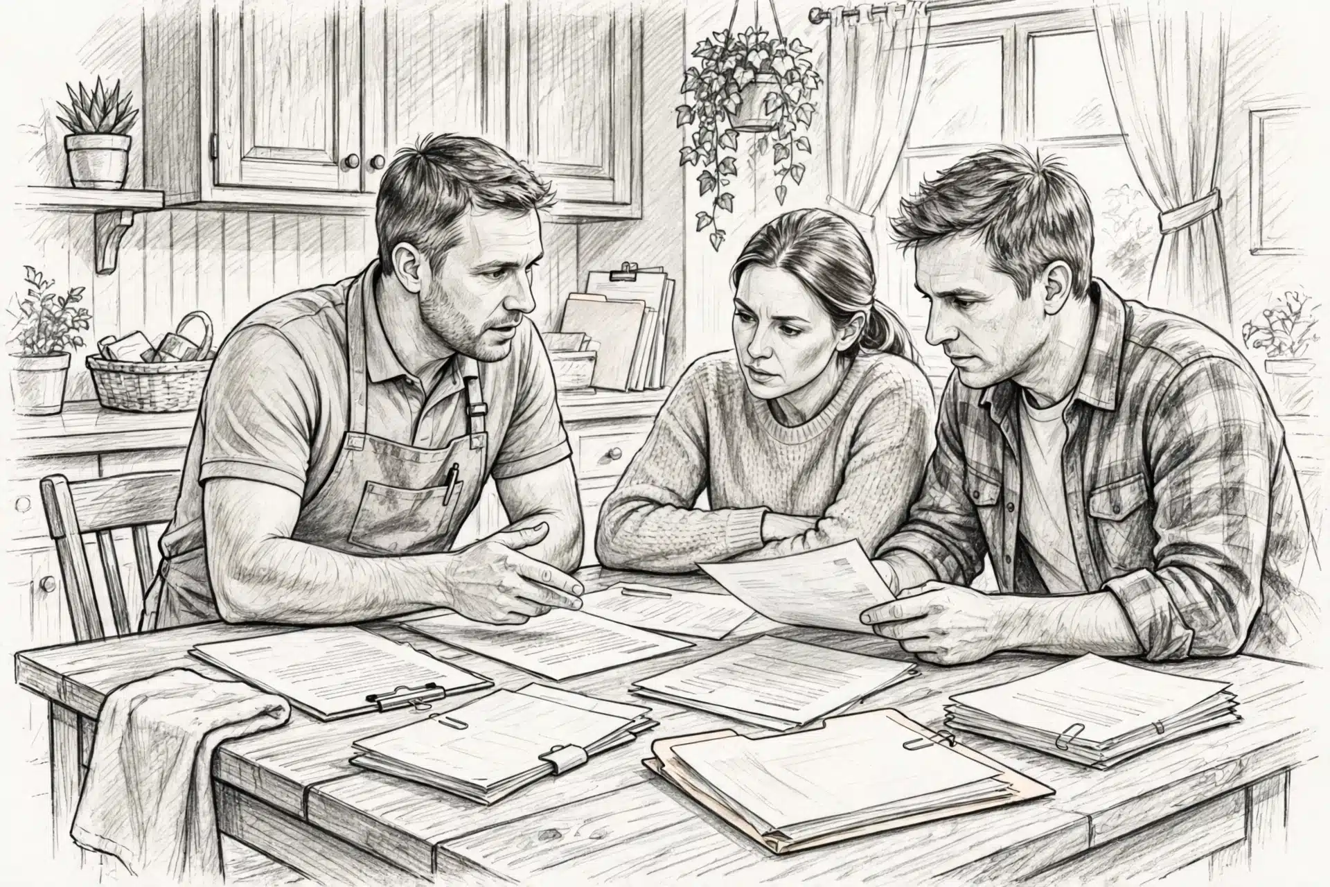 Breeder and family review records at kitchen table