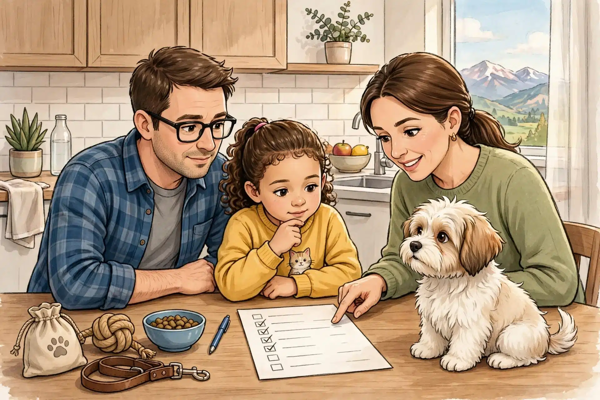 Family reviews Havanese puppy checklist at kitchen table