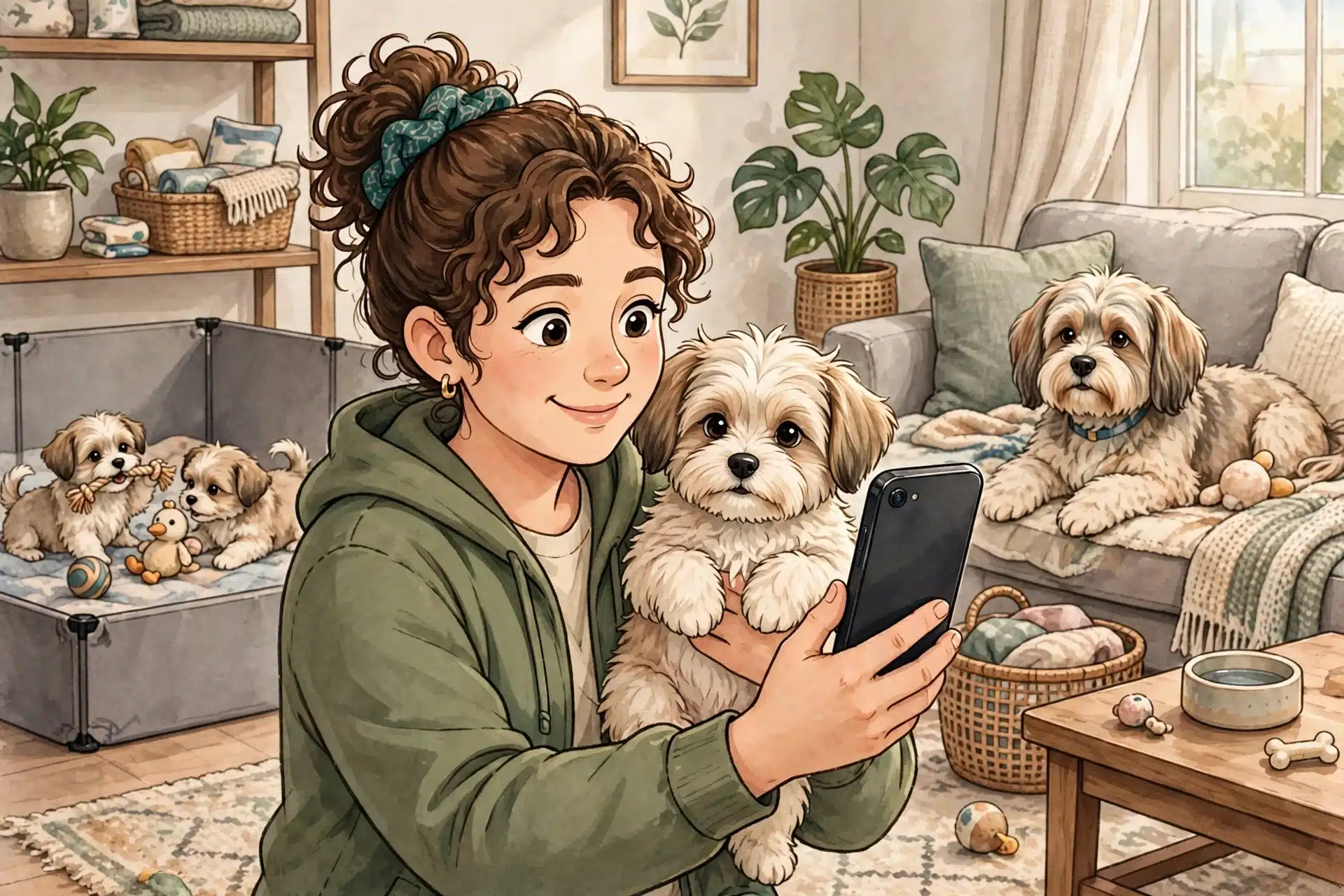 Breeder shows Havanese puppy during live video call