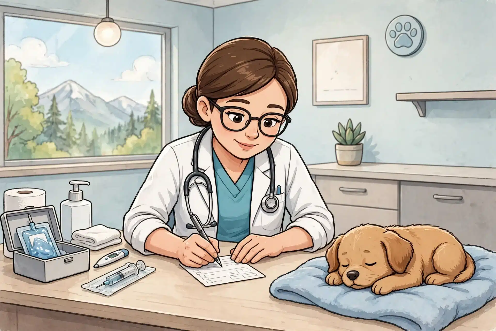 Veterinician completing a puppy vaccination record
