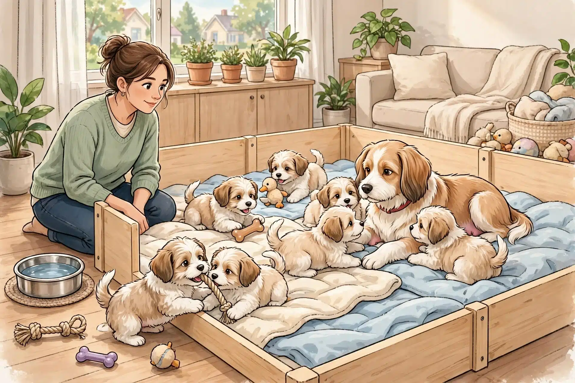 Havanese puppies play on clean blankets indoors