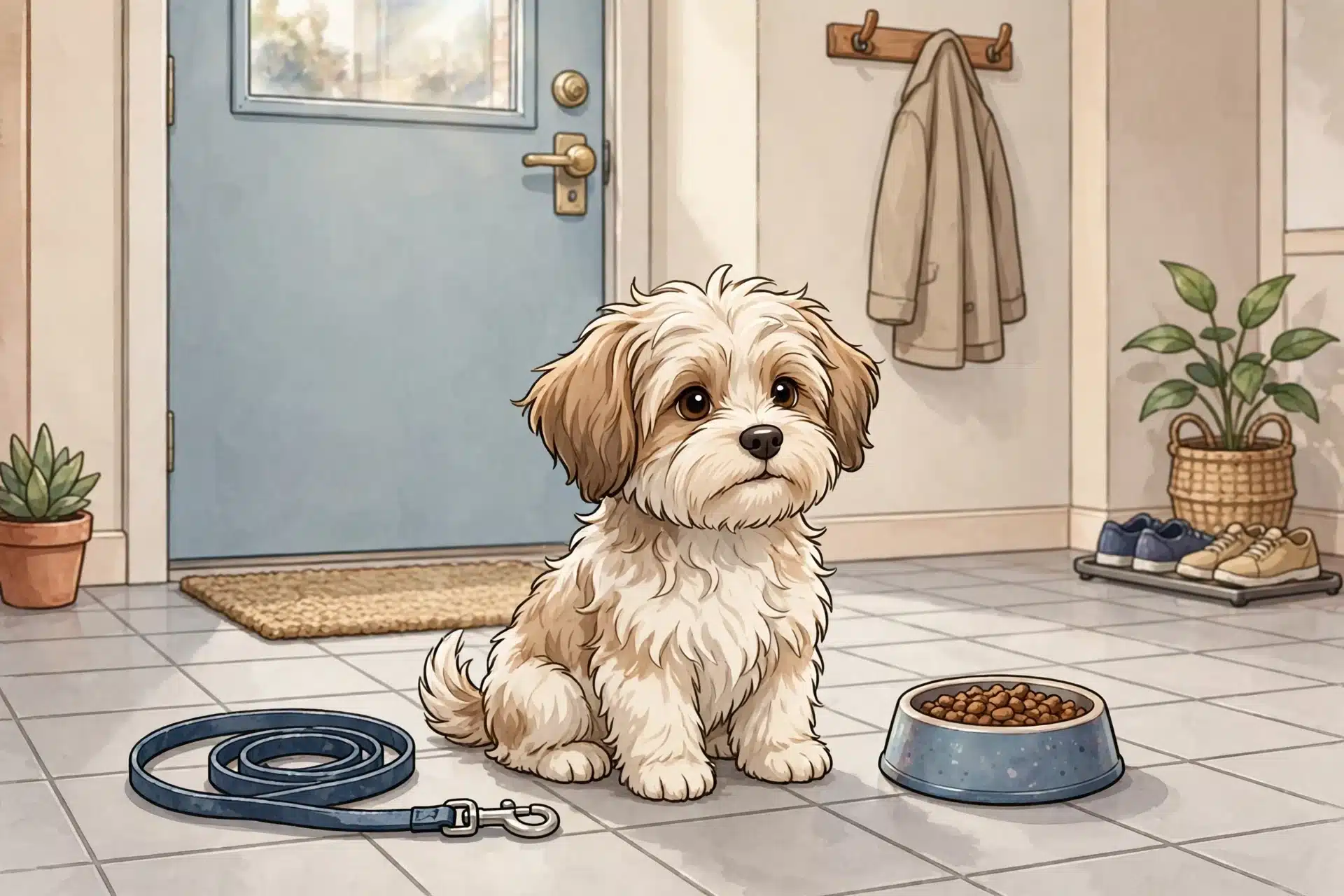 Havanese puppy calmly sitting in an apartment entryway