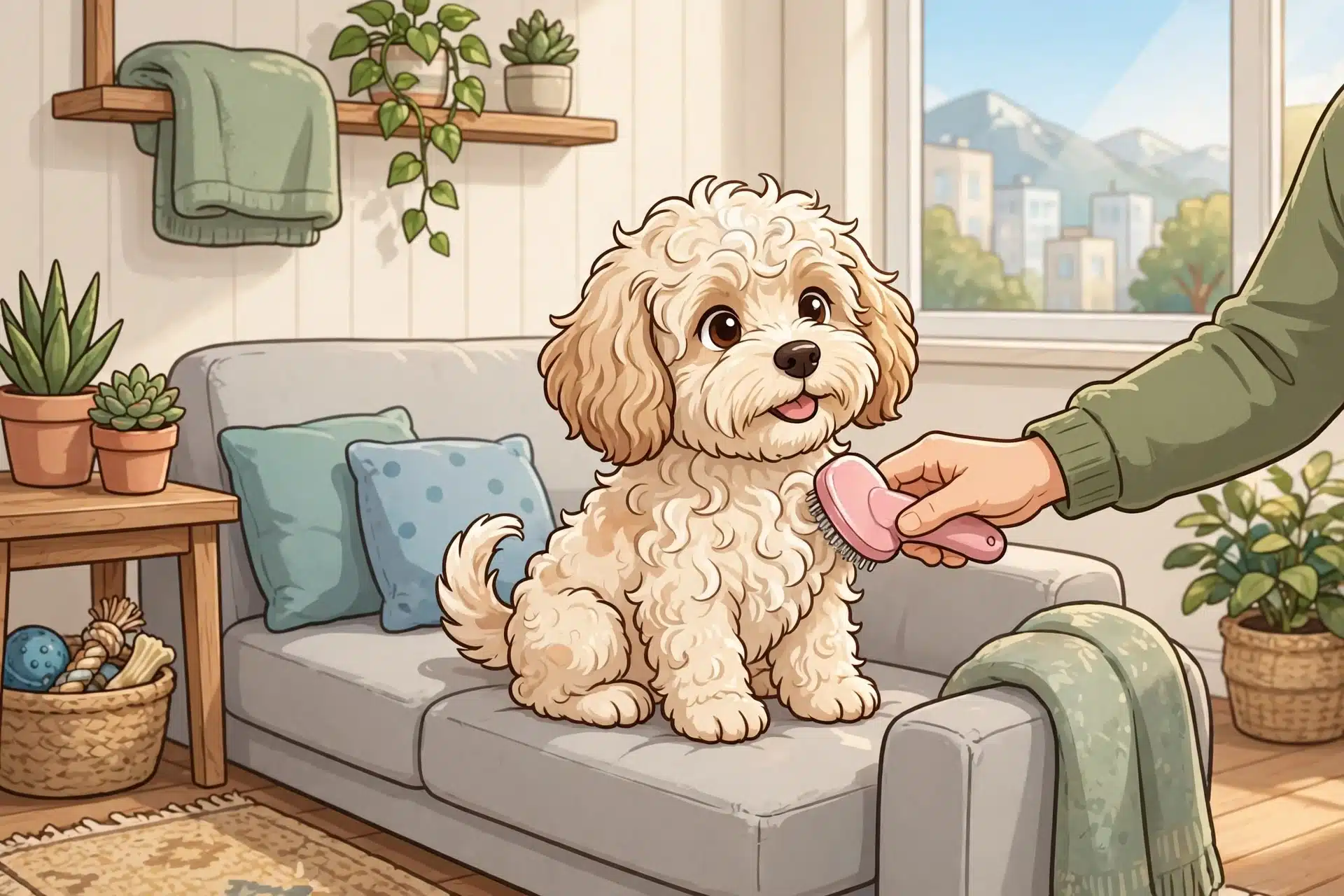 Havapoo puppy brushed on an apartment sofa